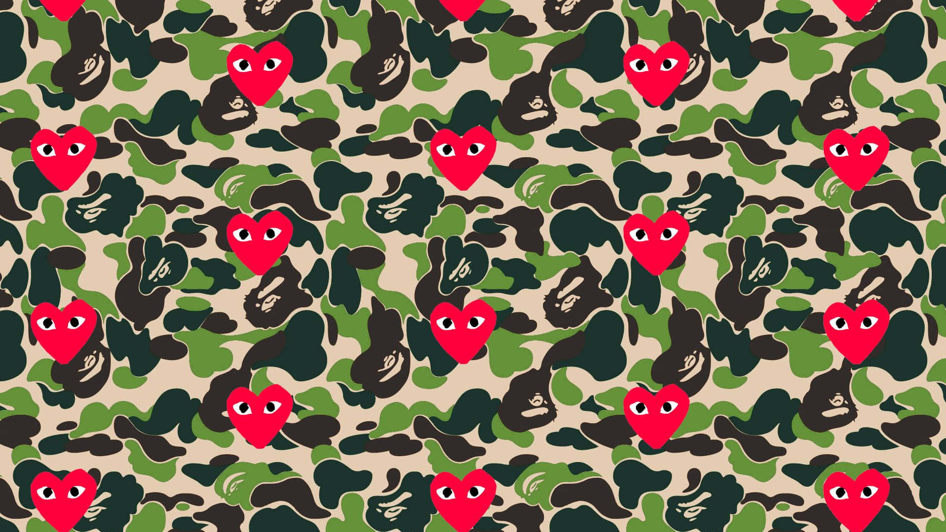 A Bathing Ape Camo Pattern With Red Hearts Wallpaper