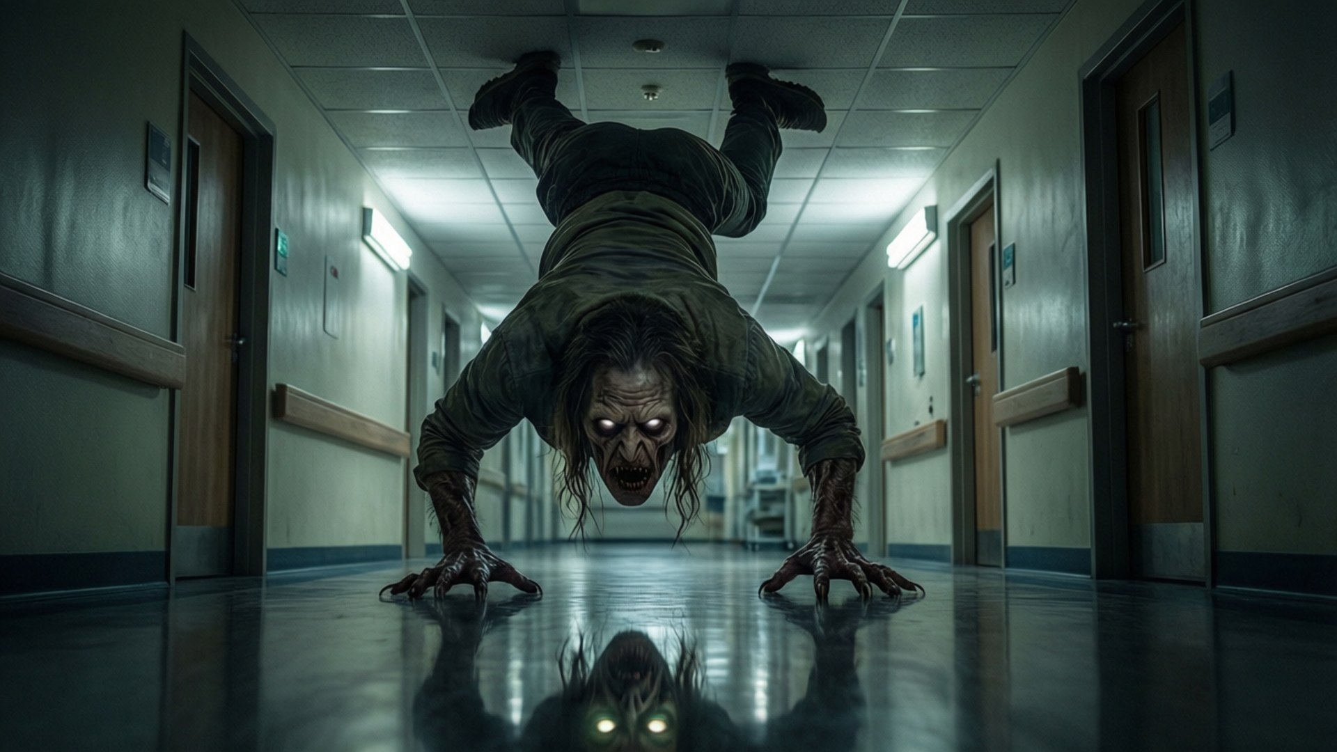 The Outsider crawling upside down in a hospital corridor.