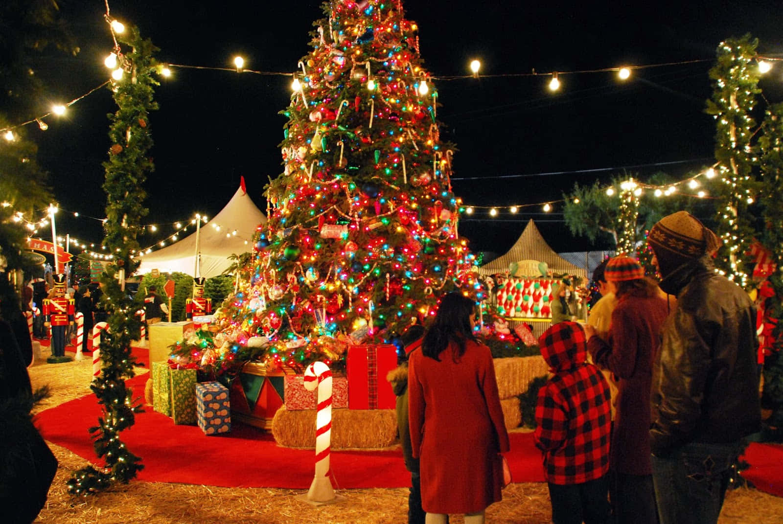 A Group Of People Standing Around A Christmas Tree