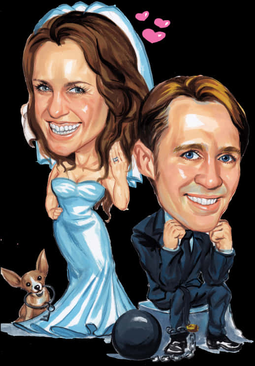 Celebrity Couple Caricaturewith Pet PNG