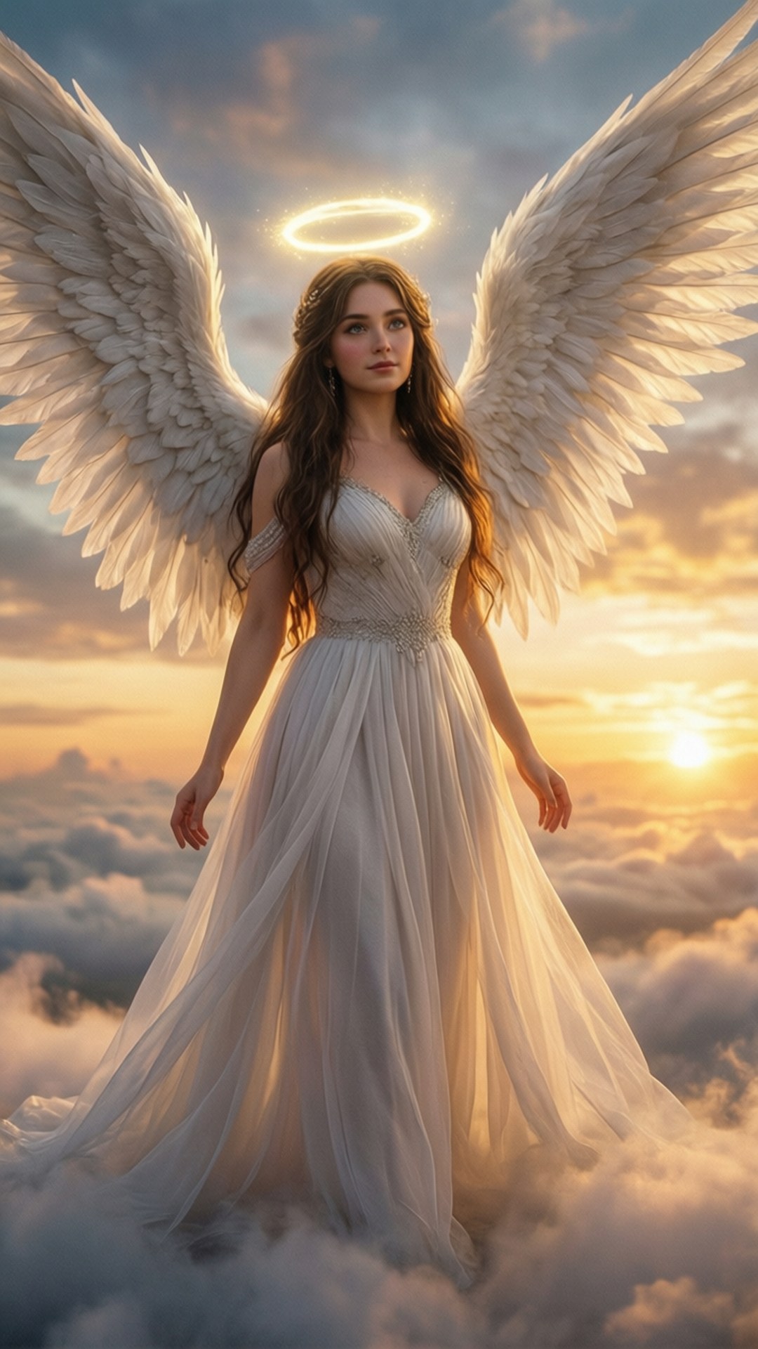 Ange Céleste Fonds d'écran — Figure angélique dans Royale High avec ailes et auréole dans un ciel nuageux.