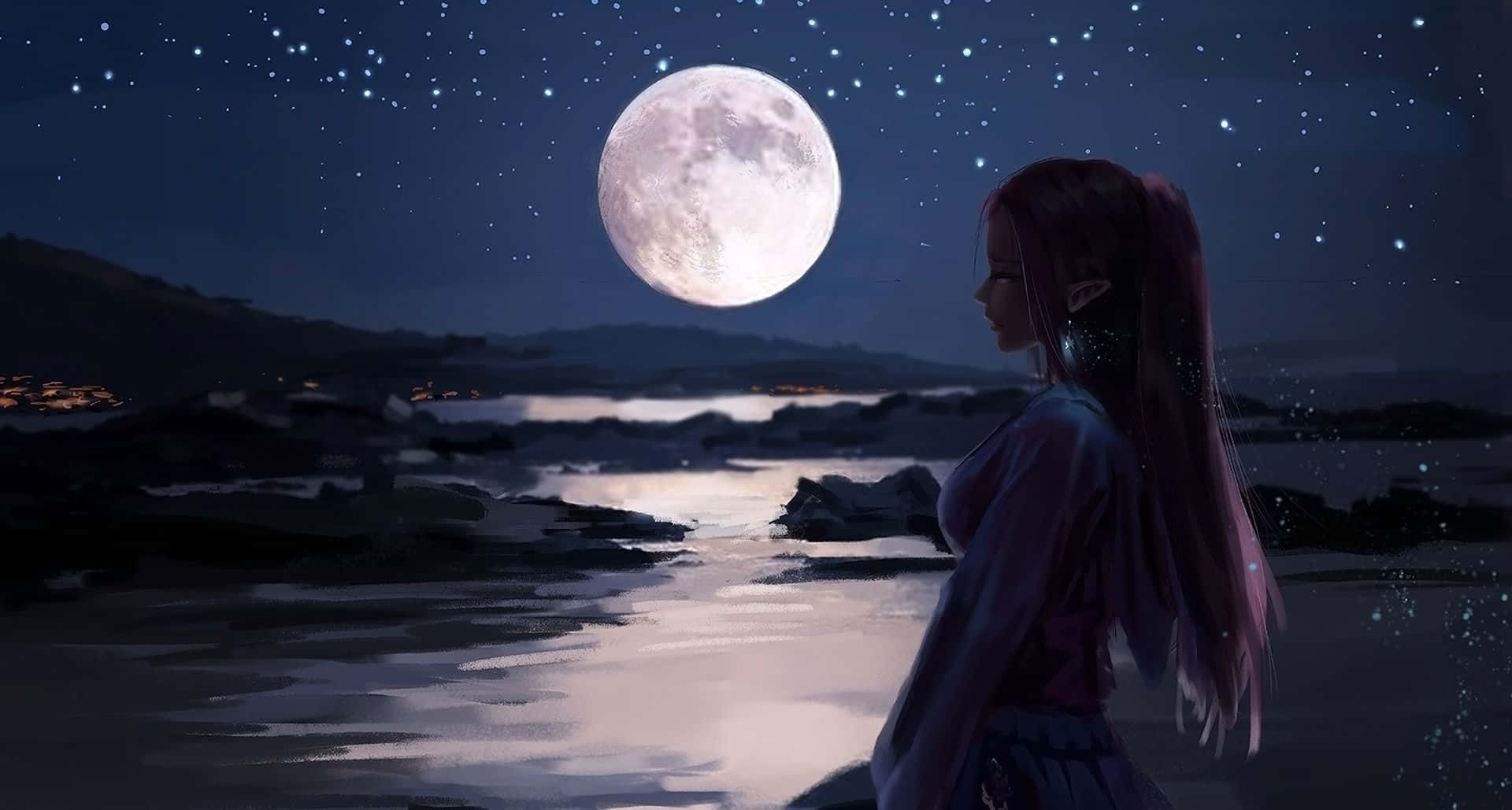 Girl And Moon Celestial Background