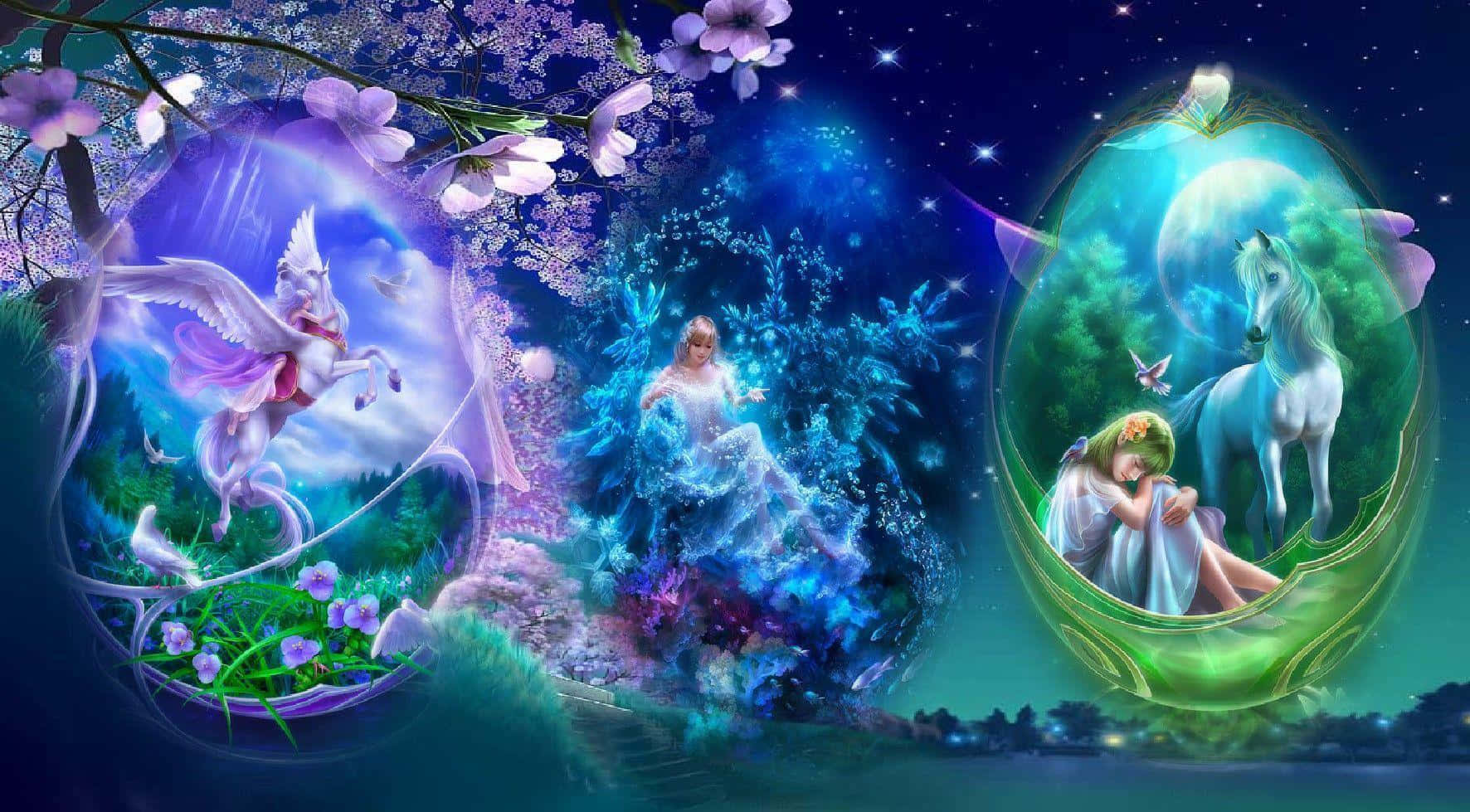 White Horse And Fairies Celestial Background