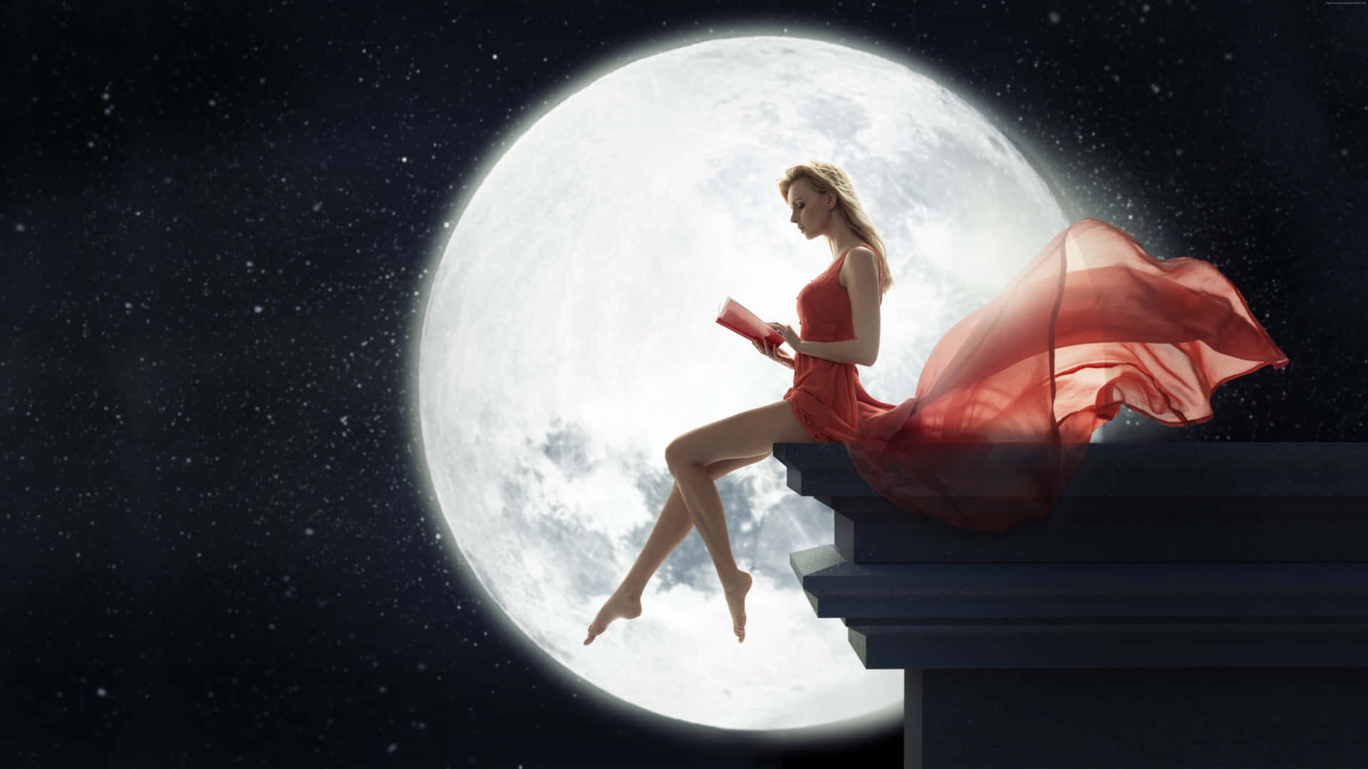 Woman In Red Celestial Background