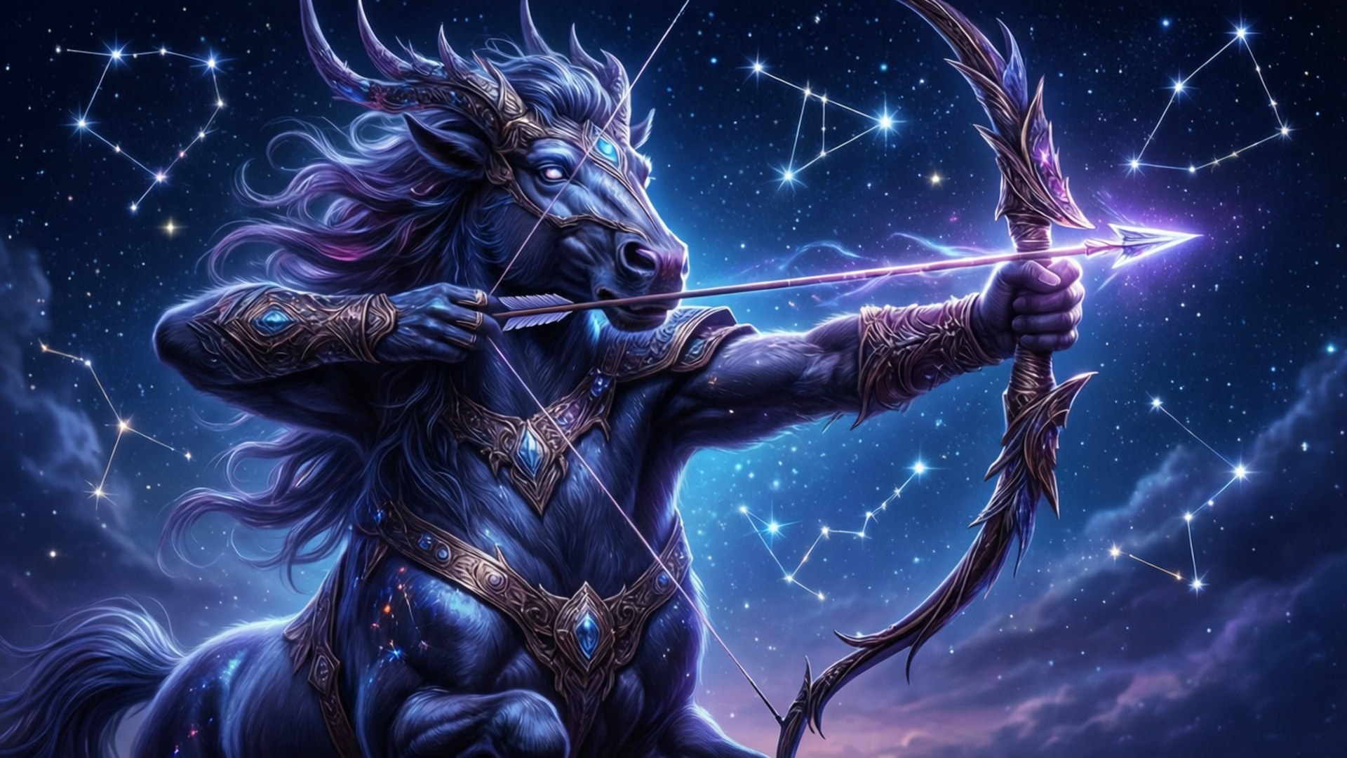Celestial Centaur Archer Wallpaper — A majestic dark blue centaur with glowing eyes draws a glowing bow against a starry night sky with visible constellations.
