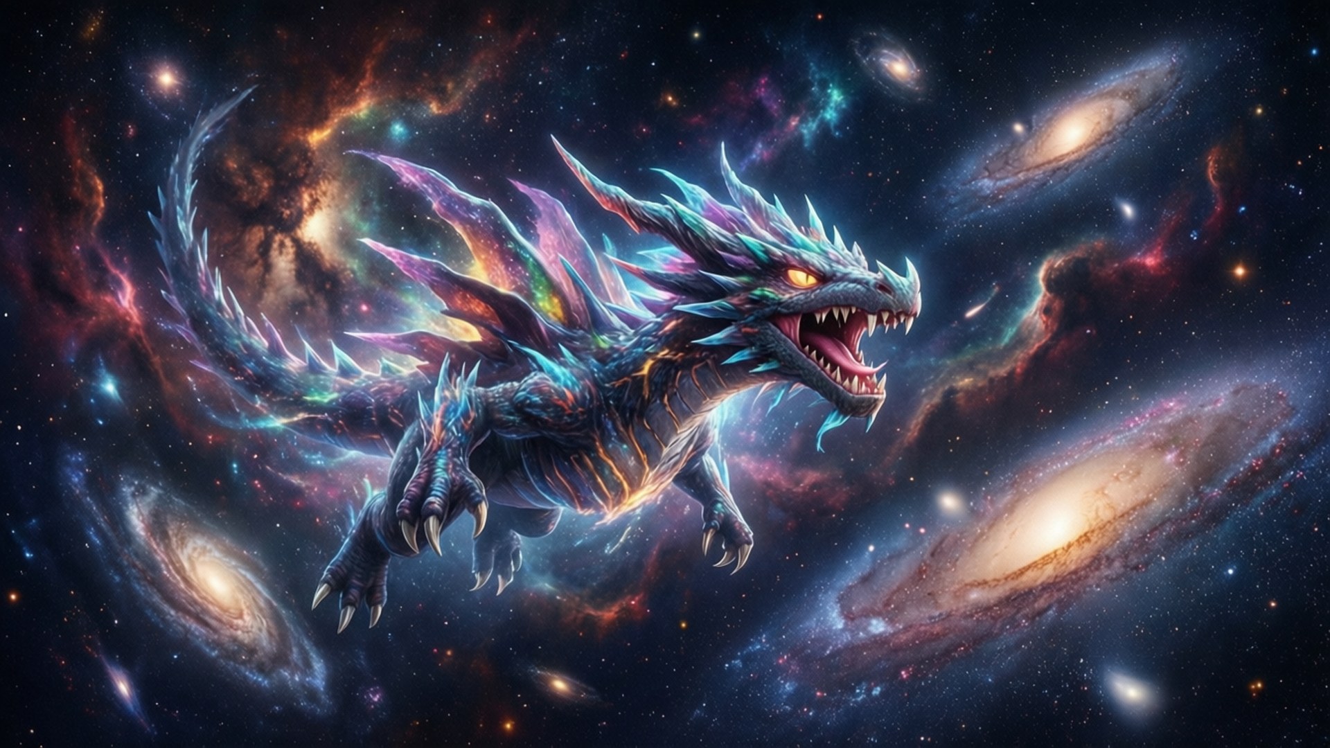 Dragapult drifts through a colorful nebula.