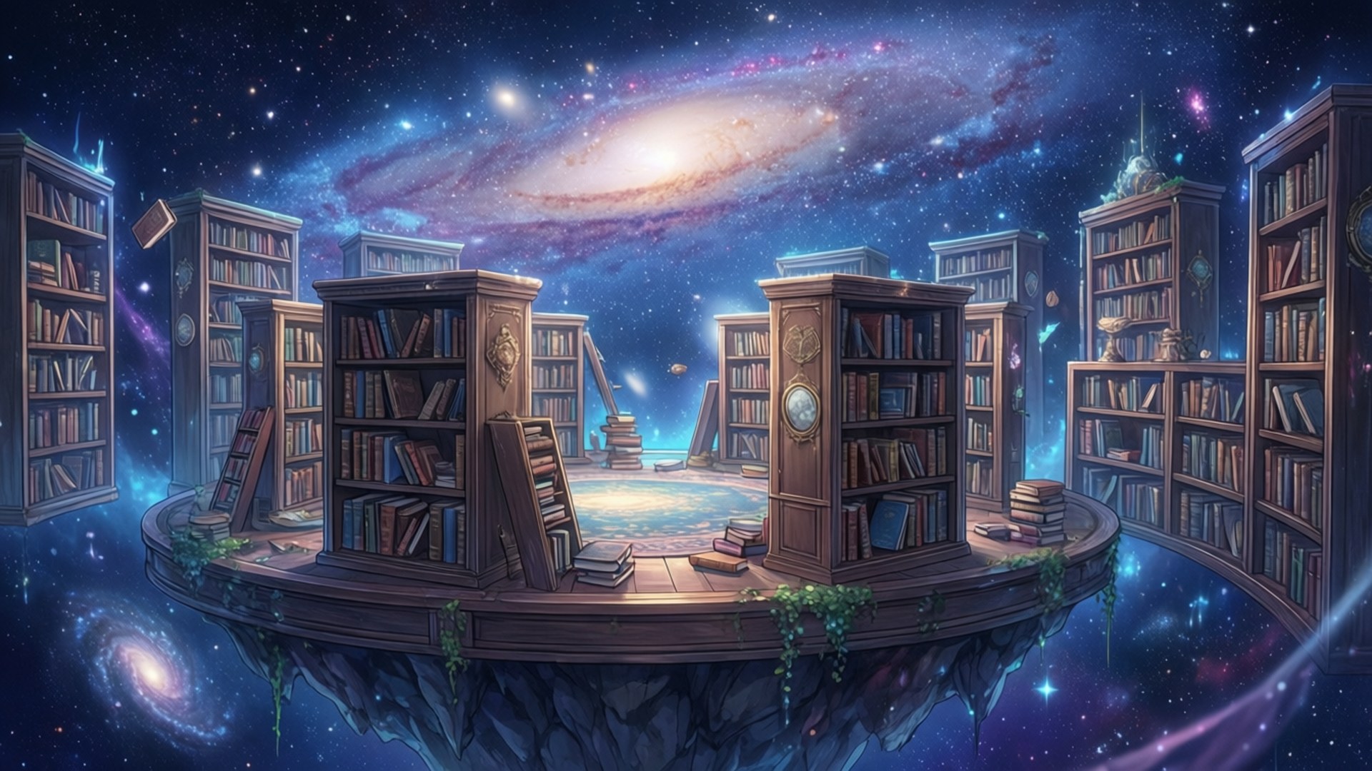 Een grillige anime-scène van een zwevende bibliotheek in de ruimte