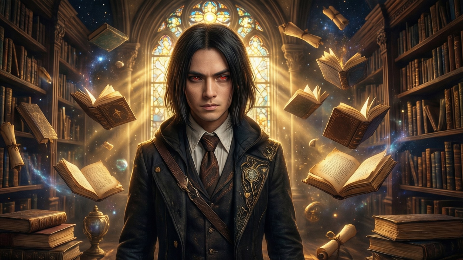 Clow Reed in a grand celestial library with floating books and golden light.