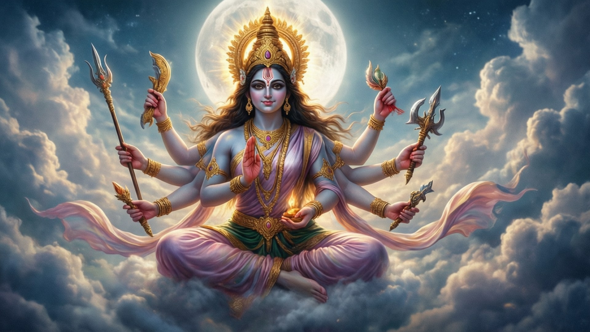 Mariamman floating in the sky with eight arms.