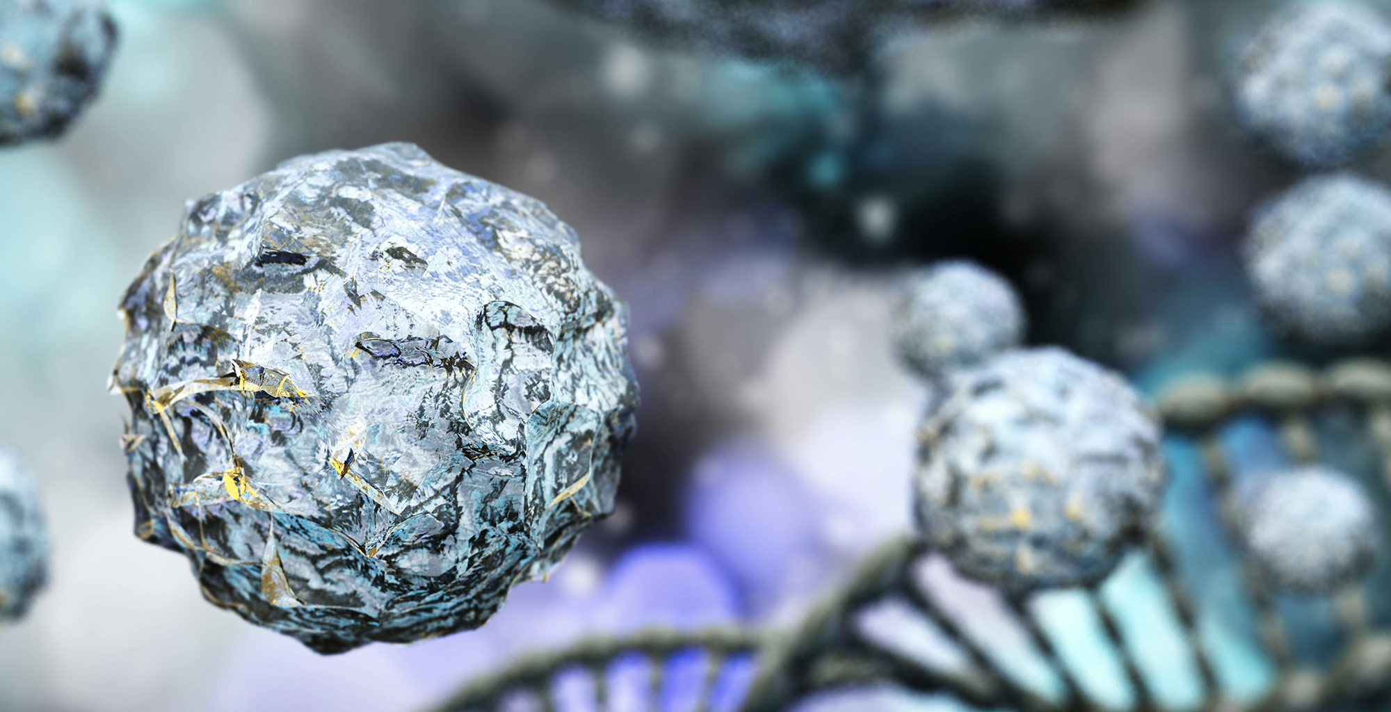 CellulareResta connesso e digitale Sfondi — Un rendering 3D dettagliato di una sfera metallica grigia strutturata con vene dorate che fluttua sopra un'elica di DNA sfocata in tonalità blu e viola.