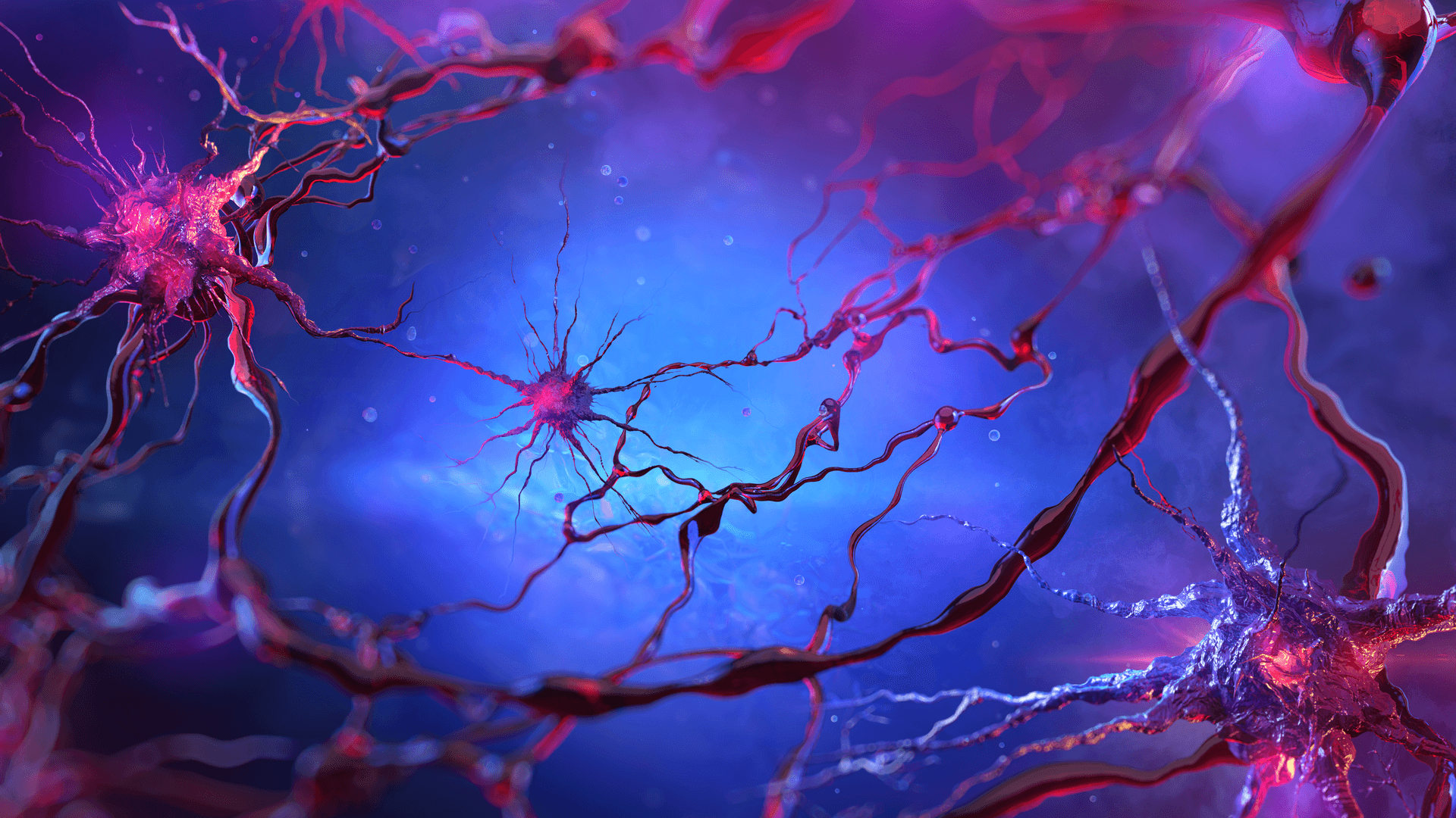Get connected with the latest tech with Cell Background — Vibrant glowing neurons with red dendrites and purple cores connect across a deep blue cosmic background.