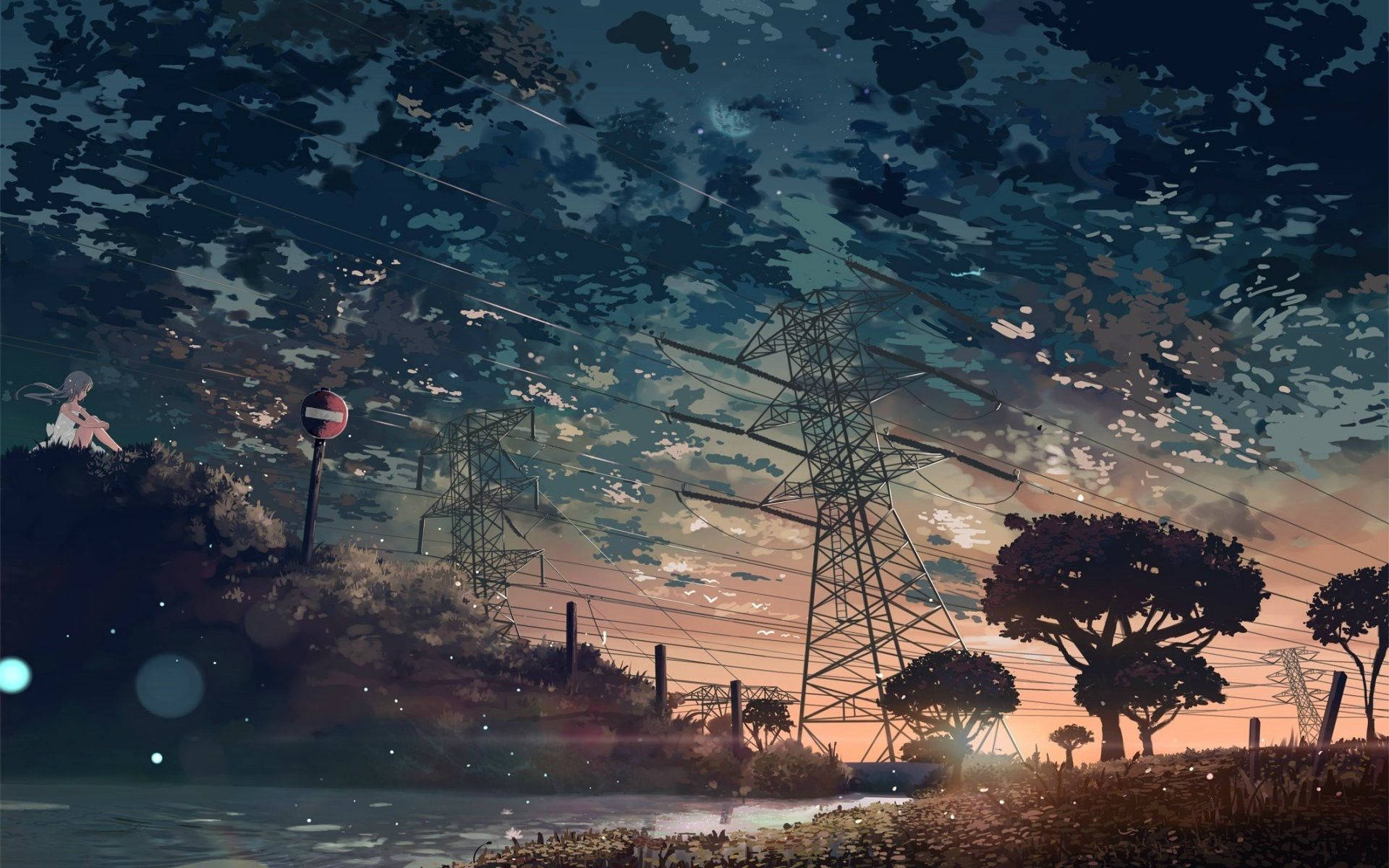 Torrede Celular En Un Campo - Escenario Estético De Anime. Fondo de pantalla