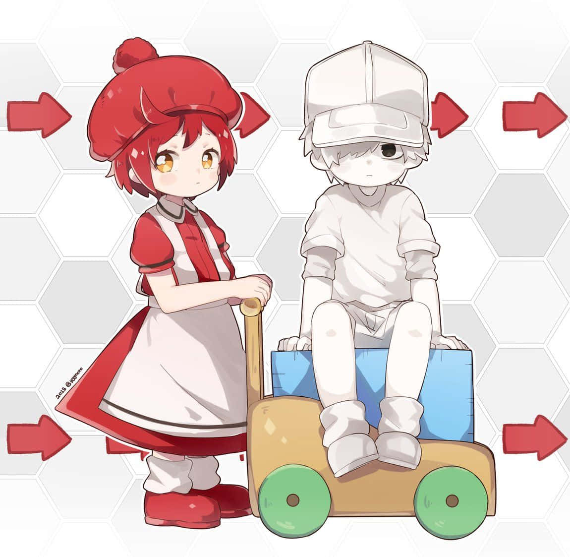 A Girl And Boy In A Red Apron Riding A Toy Truck