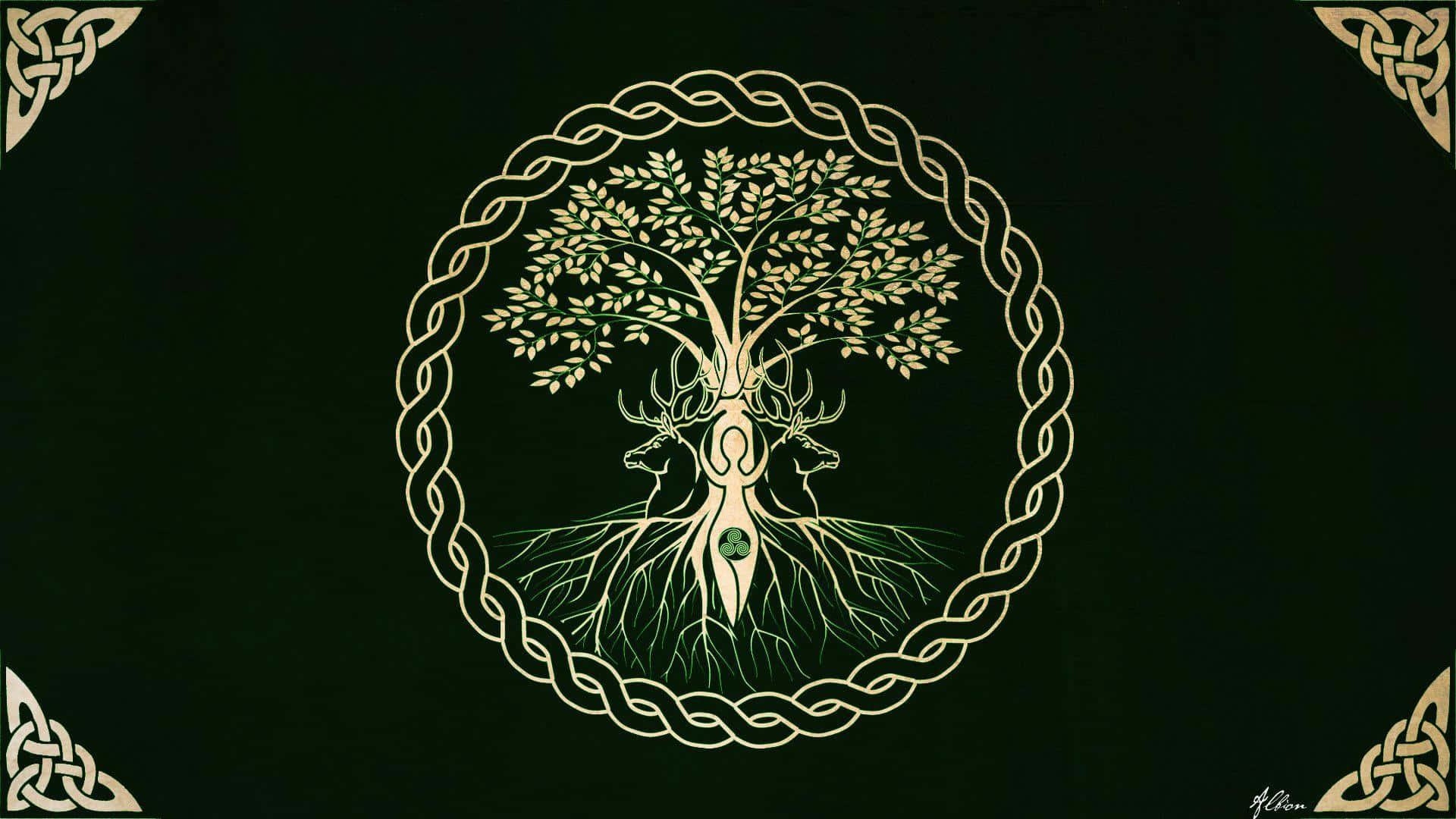 A Celtic Tree Of Life On A Black Background