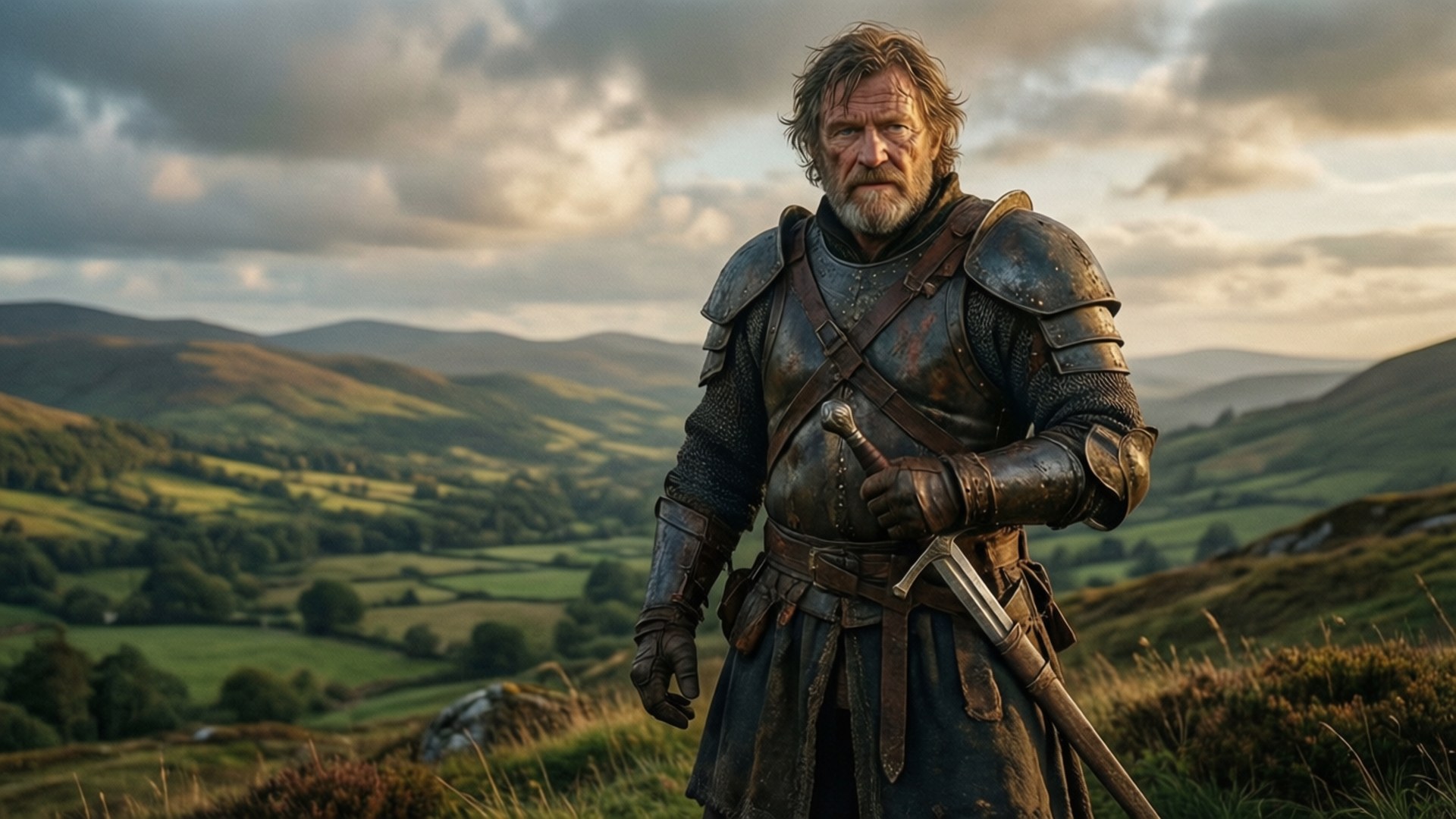 Brendan Gleeson als mittelalterlicher Krieger in einer keltischen Landschaft.