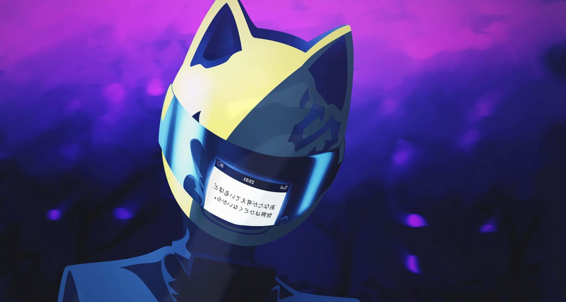 Celty Sturluson on her motorcycle, the city night lights shimmering behind her Wallpaper