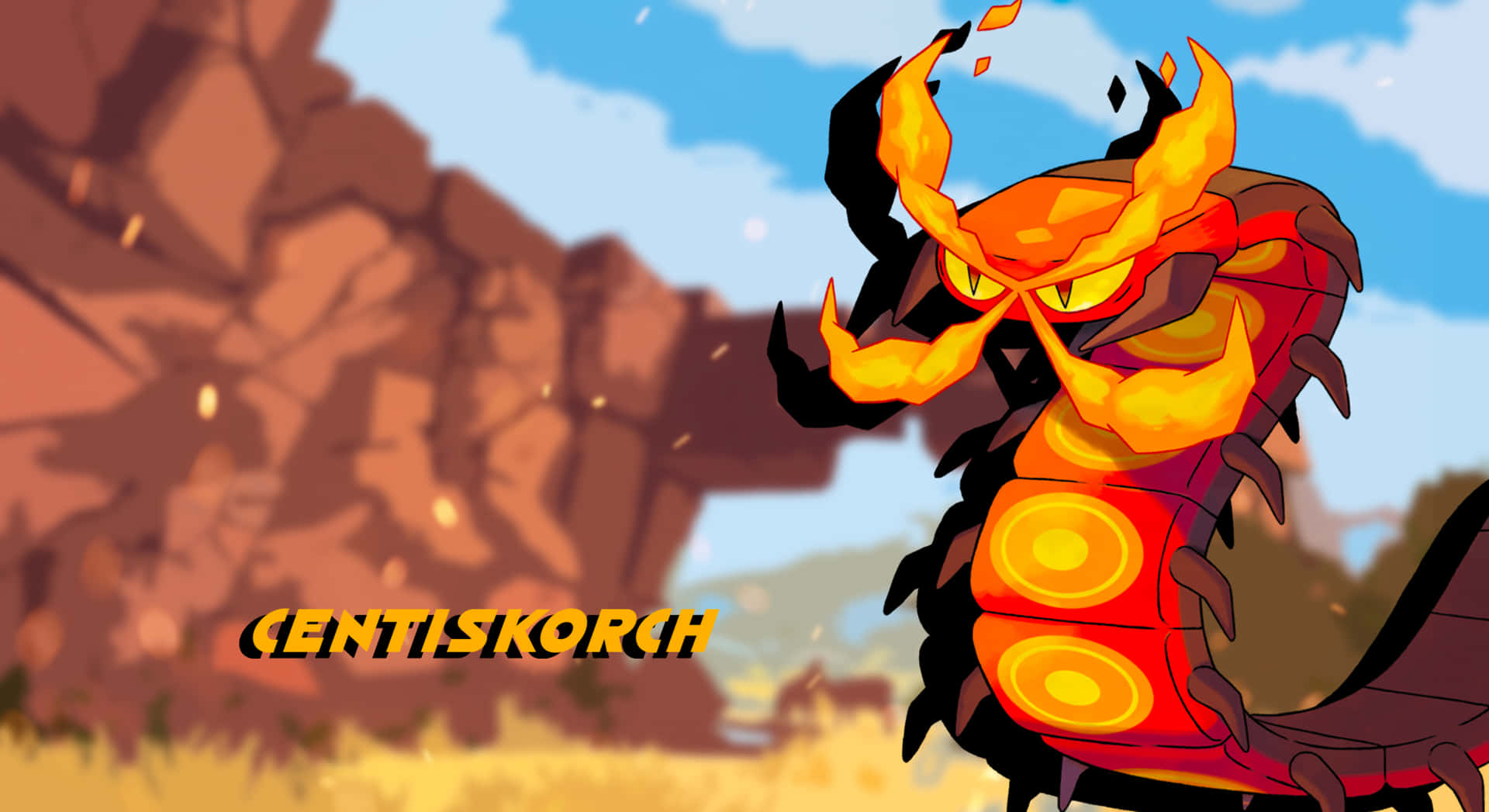 Centiskorch With Name On Blurry Backdrop Wallpaper