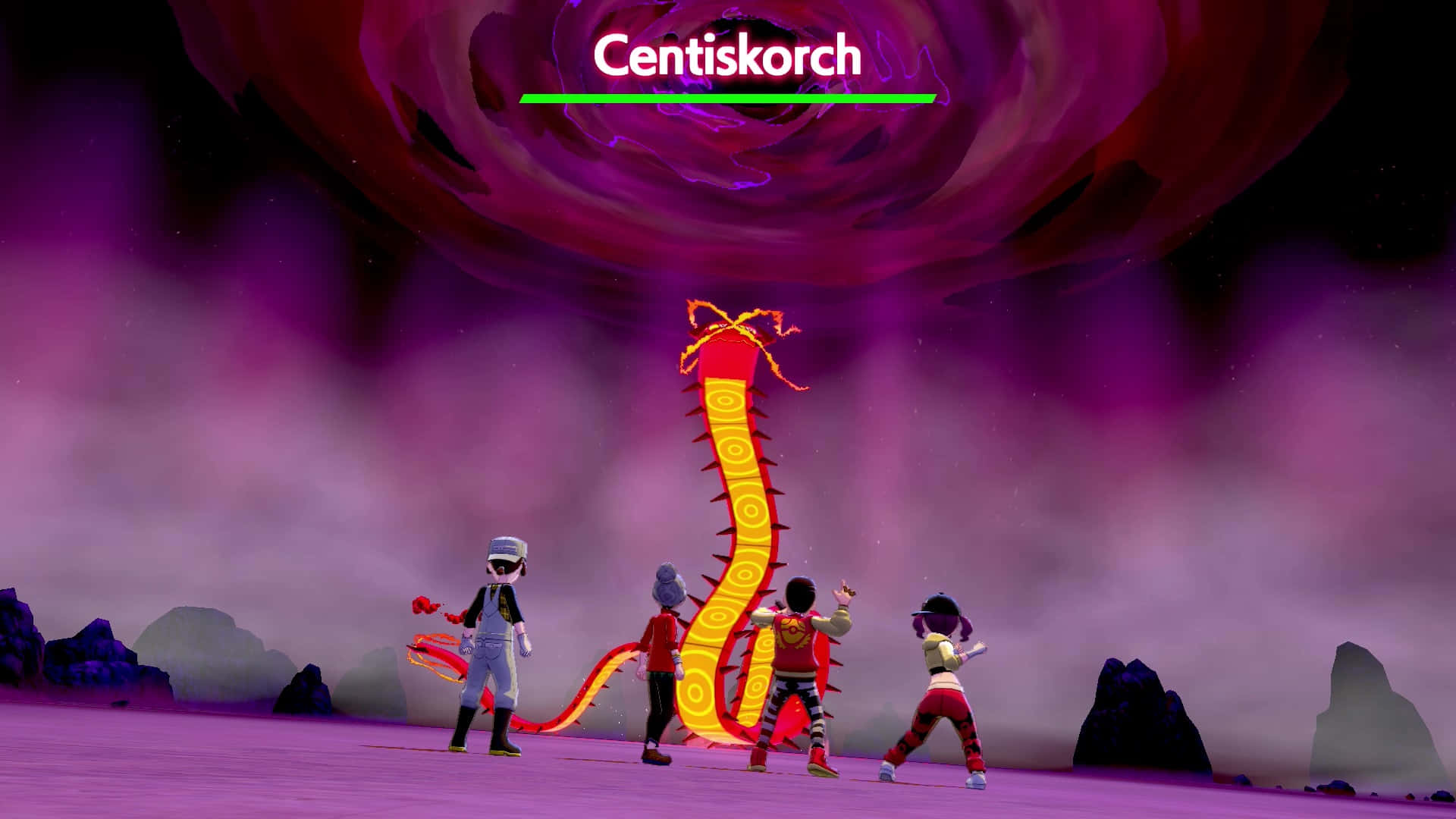 Fiery Encounter: Trainers with Centiskorch in a Pokémon Battle Wallpaper