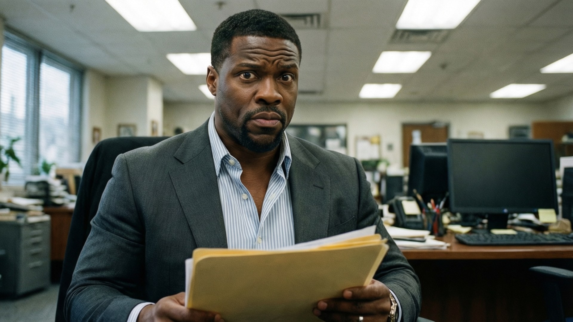 Central Intelligence Agent Wallpaper — A man in a gray suit sits at an office desk holding a yellow folder with a shocked expression.