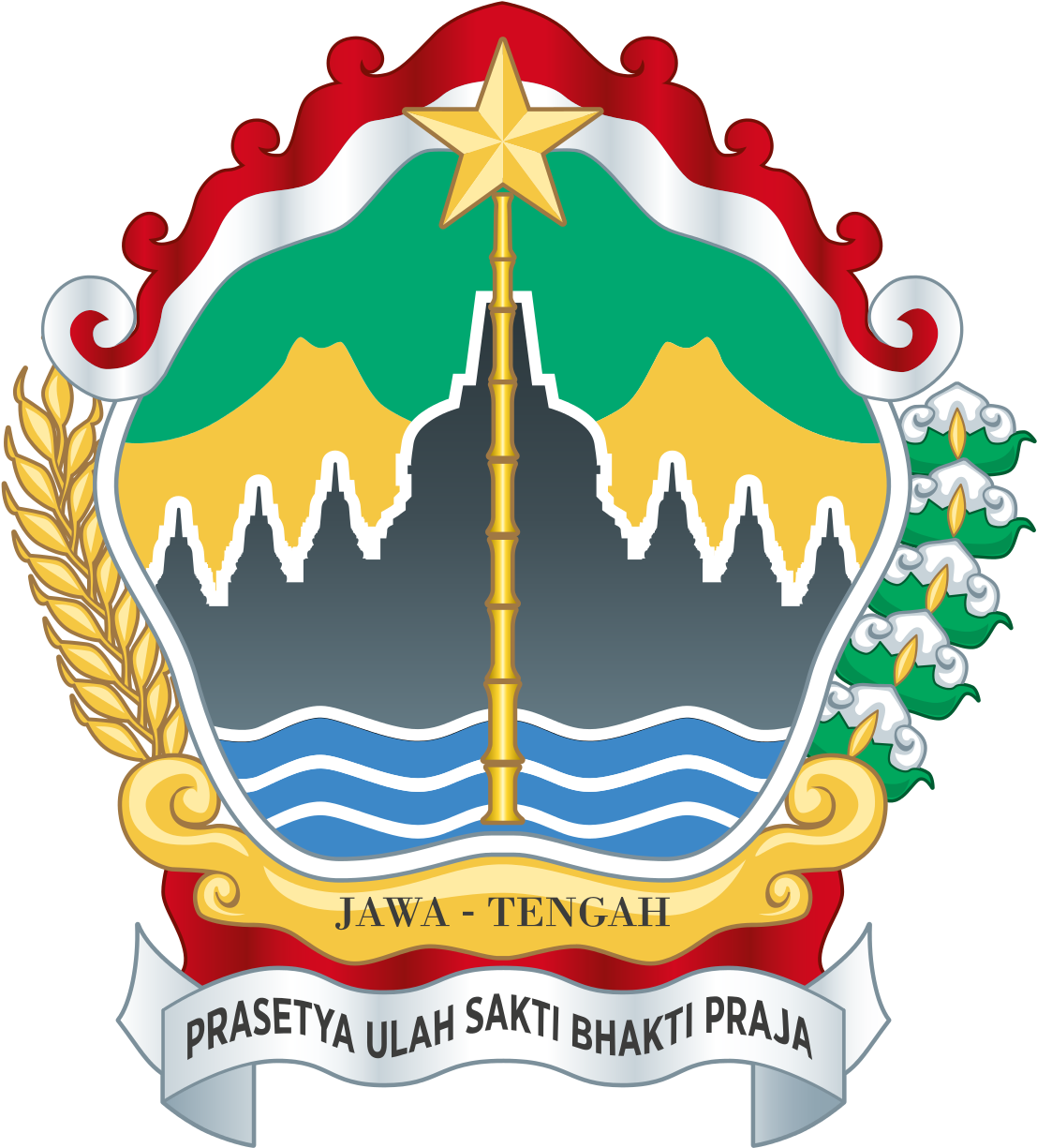 Central_ Java_ Province_ Emblem PNG — Official crest of Jawa Tengah featuring a golden star atop a bamboo pole over mosque silhouettes mountains water and wheat sheaf.