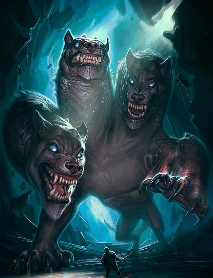 A Painting Of Three Monsters In A Cave