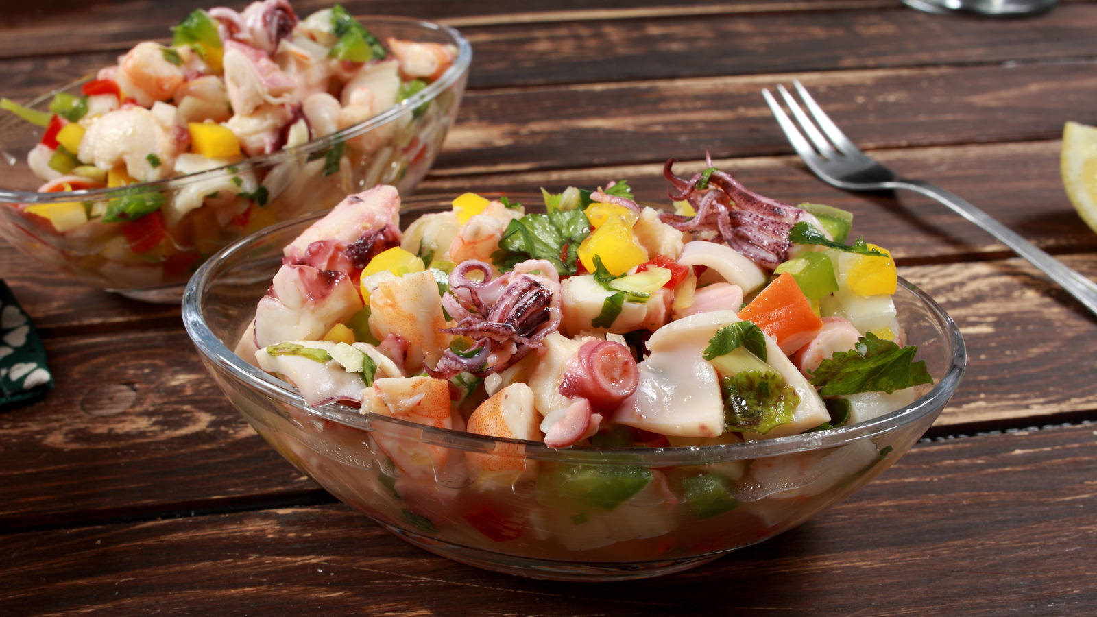 Ceviche Boat Bowls On Wooden Table Wallpaper