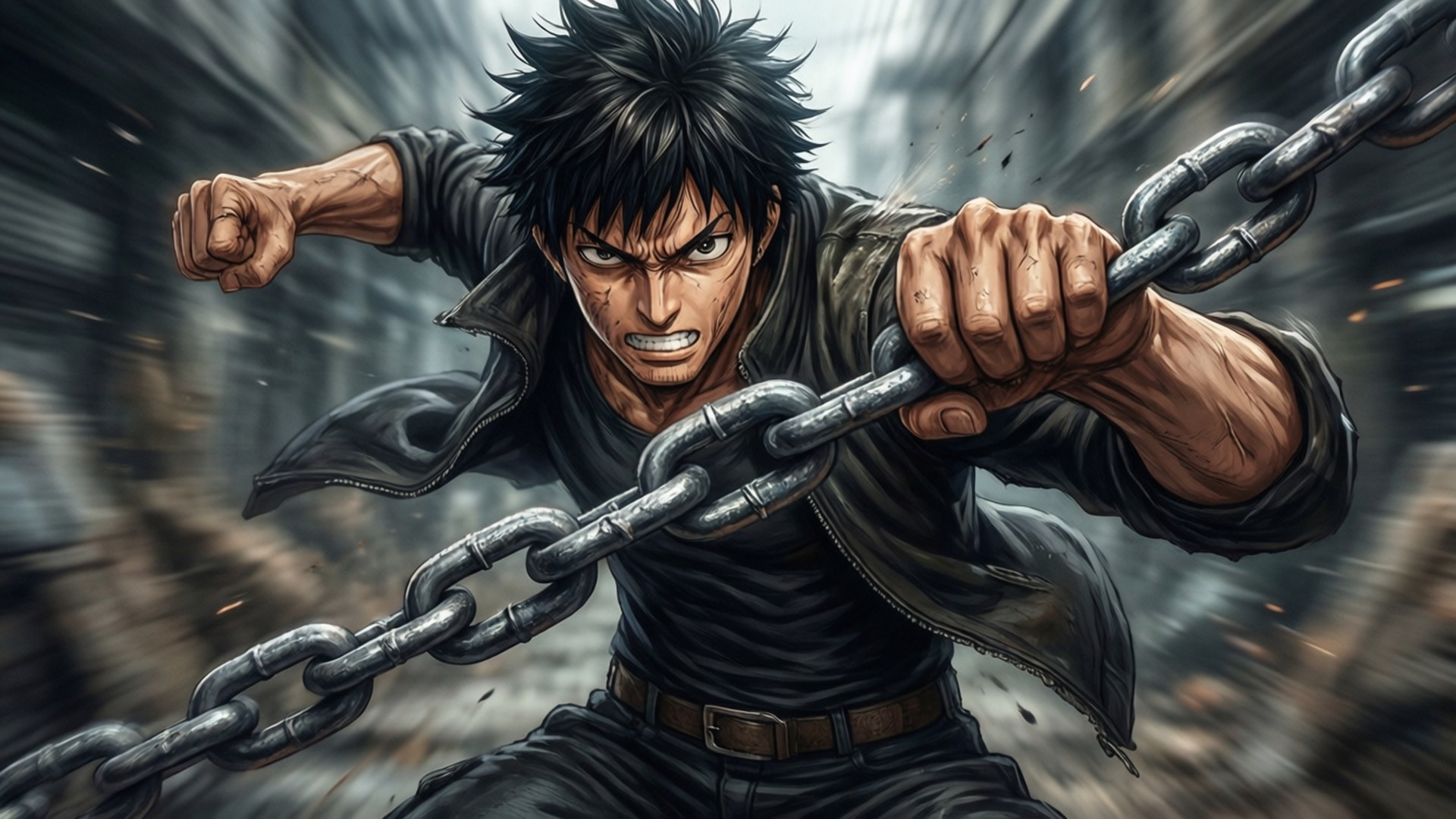 Jack Hanma wielding a chain in a dynamic, action-packed pose.