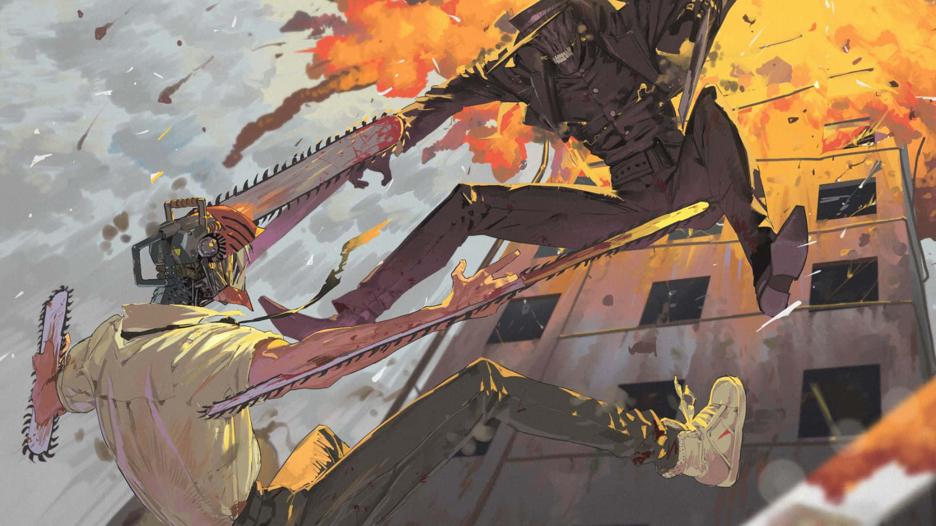 Chainsaw Man And Katana Man In Dynamic Showdown Wallpaper