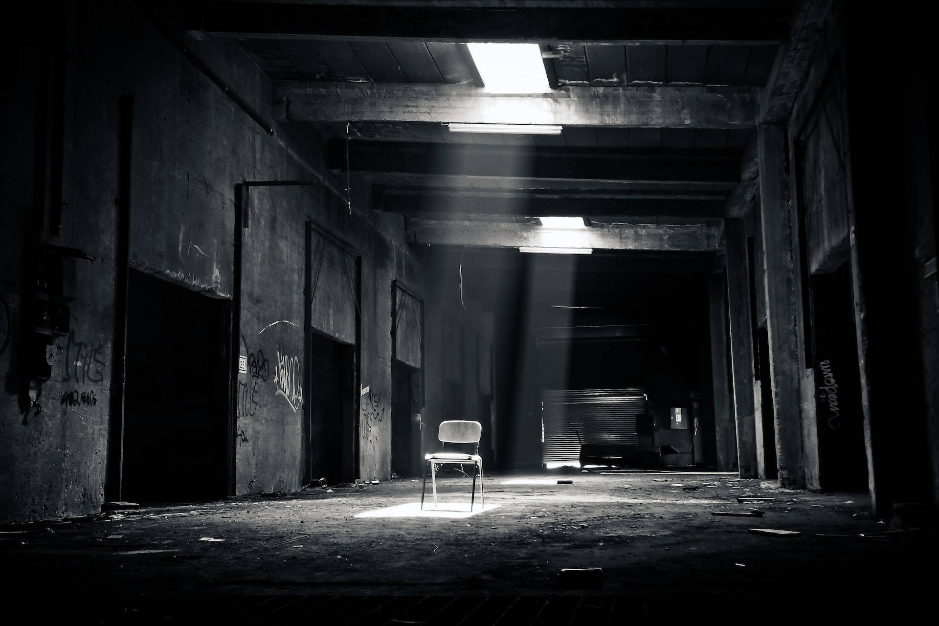 Chair Inside Black Abandoned Building PC Wallpaper