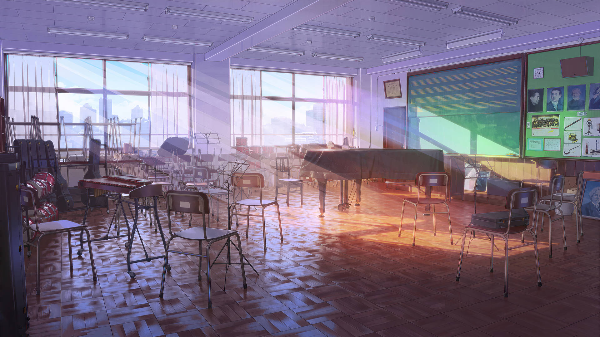 Chairs Askew Anime Classroom Wallpaper