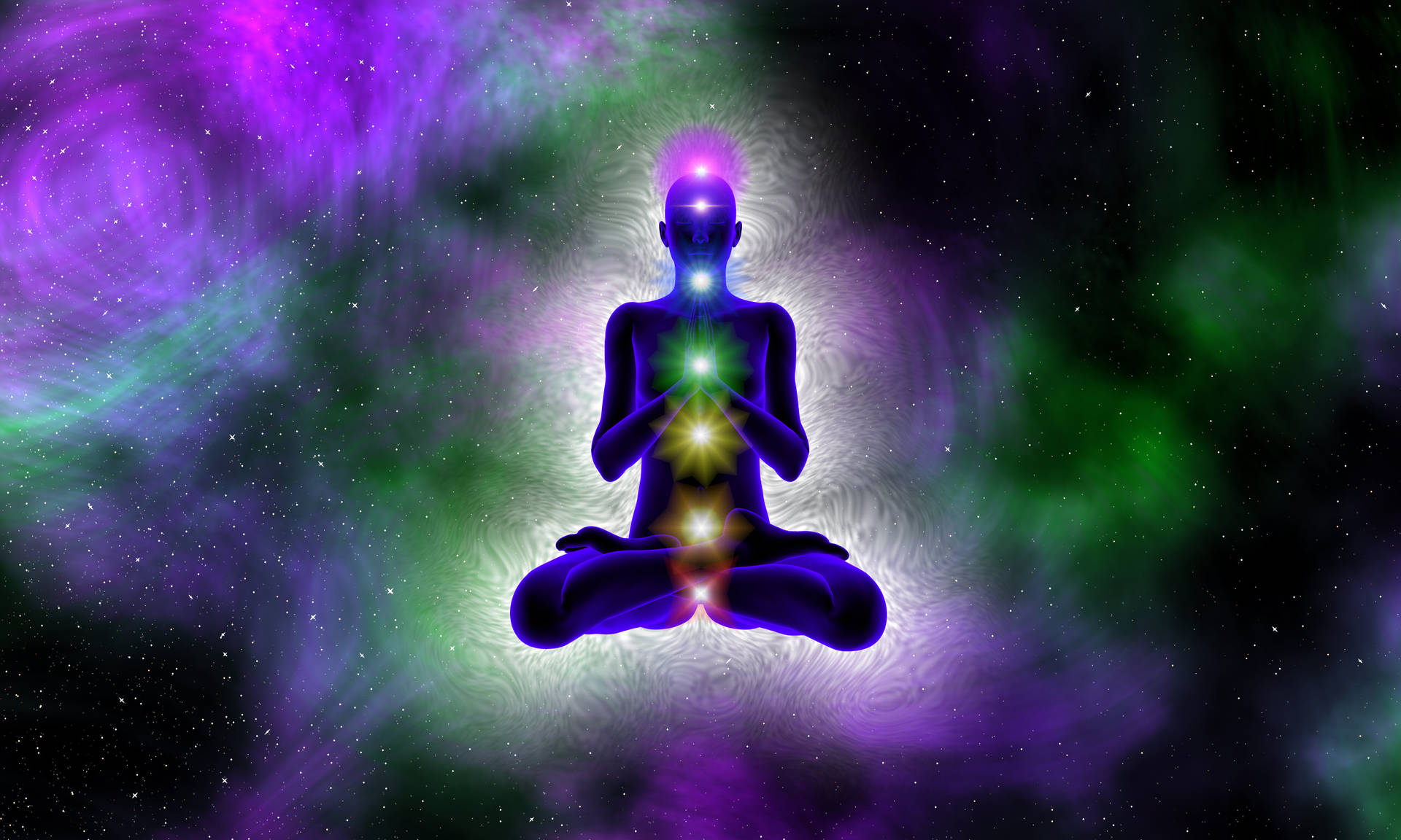 En person i meditation med lilla og blå lys. Wallpaper