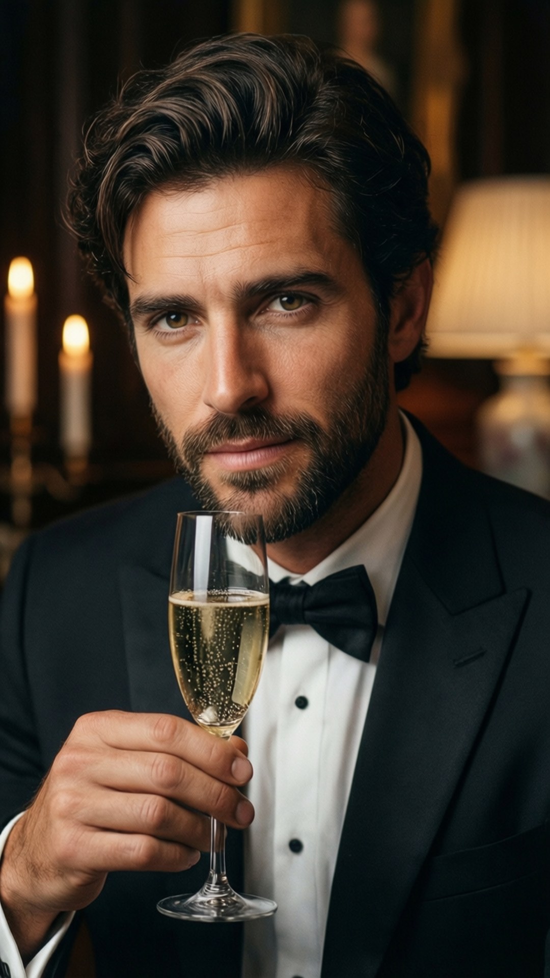 Champagne Elegance Papéis de Parede — Retrato elegante de Damiano David com taça de champanhe em um ambiente sofisticado.