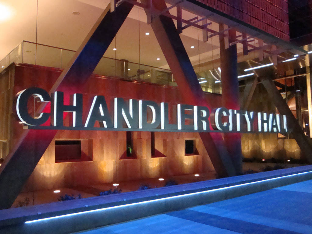 Chandler City Hall Bright Sign At Night Wallpaper