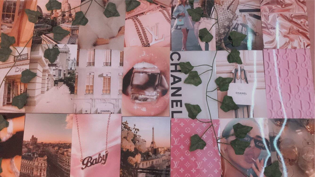 Et pink collage af billeder og billeder på en hvid baggrund. Wallpaper