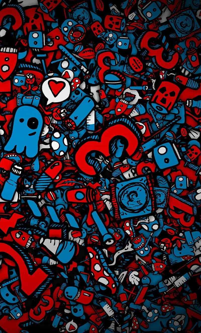 En sort baggrund med mange røde og blå doodles. Wallpaper