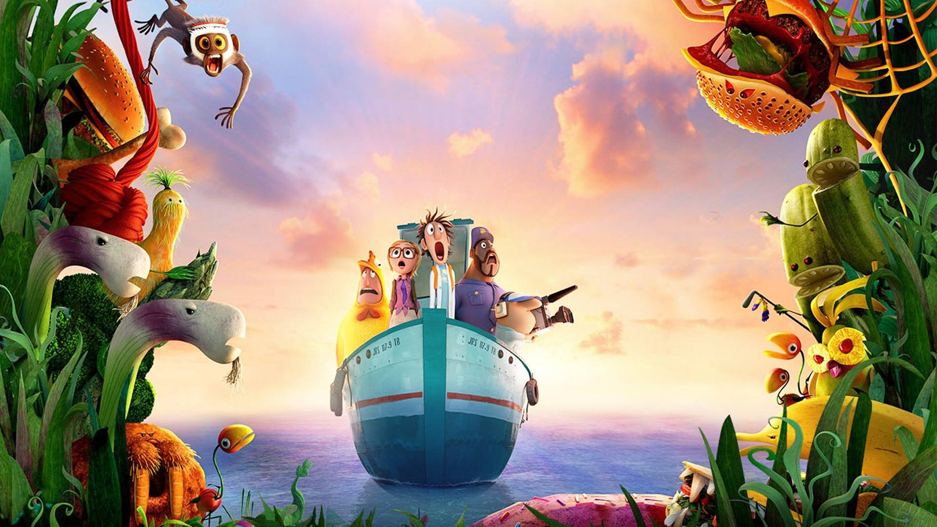 Characters Riding A Ship Cloudy With A Chance Of Meatballs 2 Wallpaper