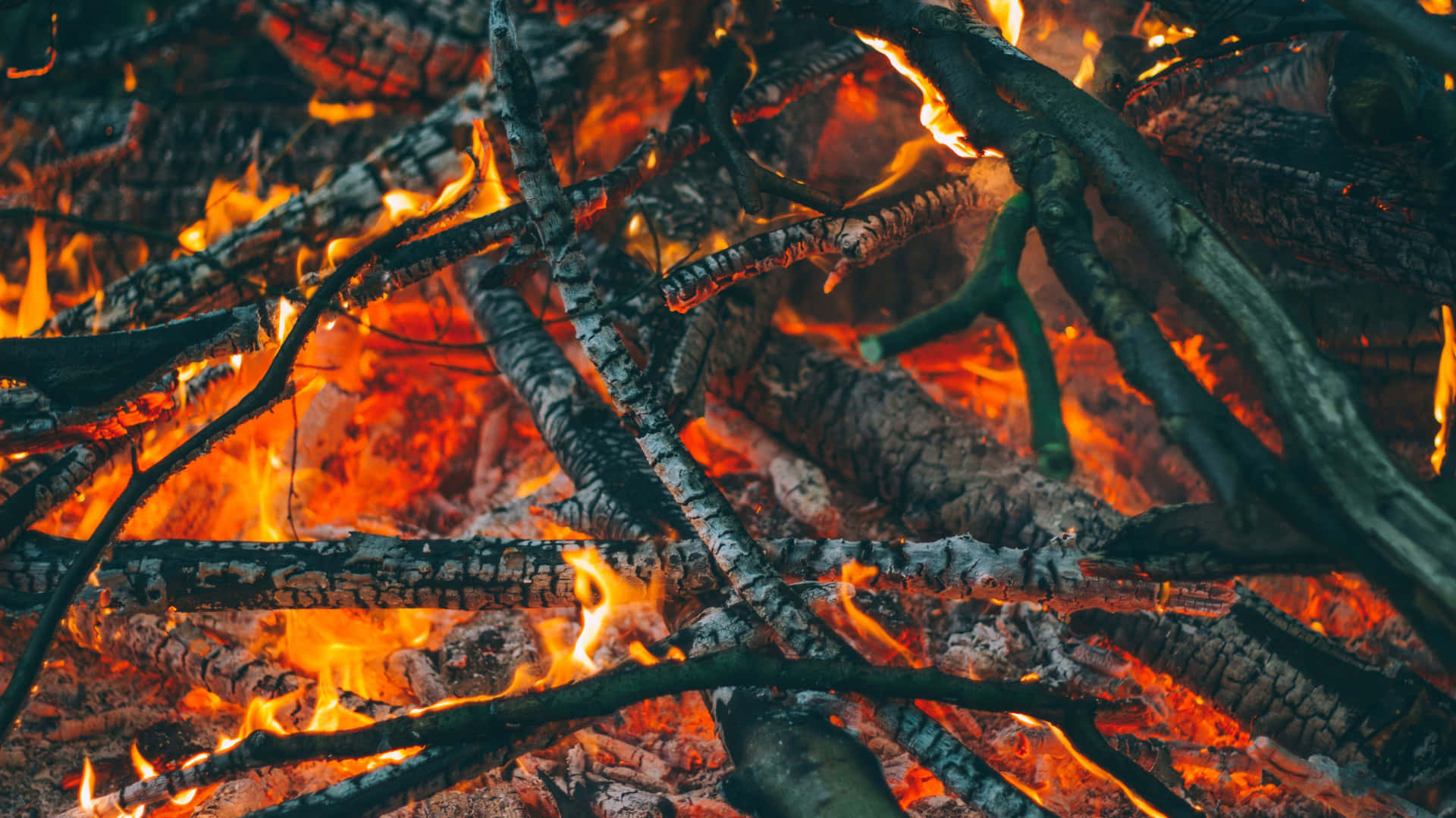 A Close Up Of A Fire With Branches And Sticks