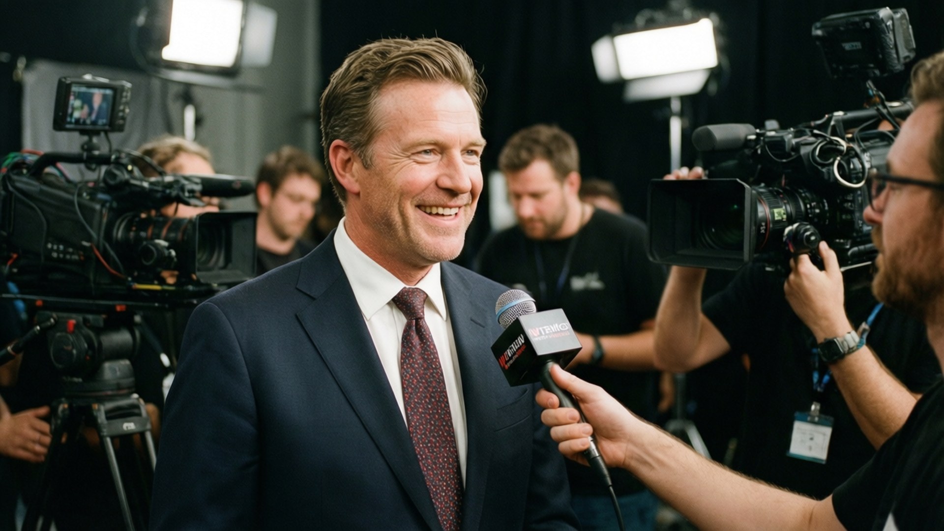 Man in suit smiling during media interview in studio