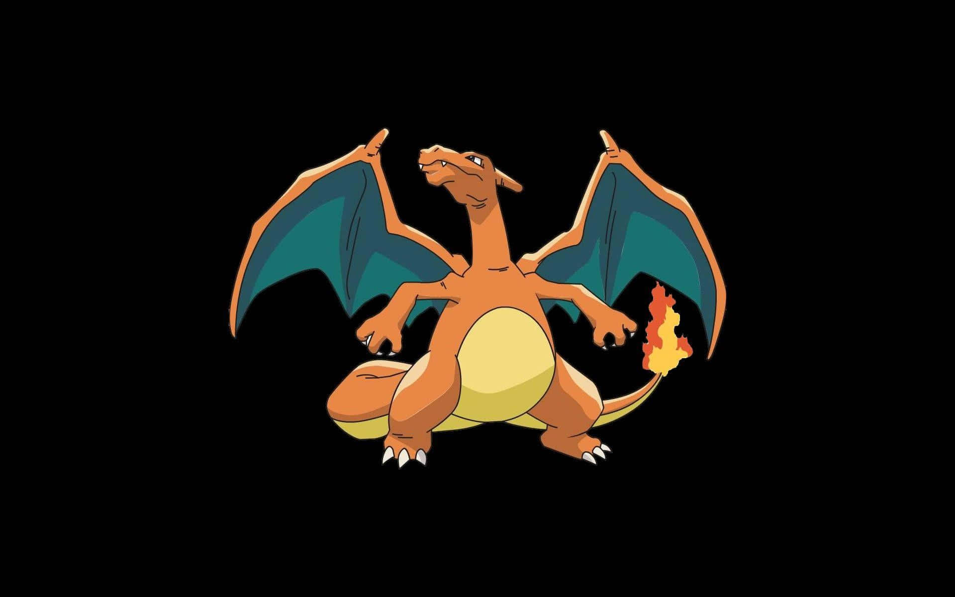 Charizard breathing fire against a colorful sky in its powerful, battle-ready stance