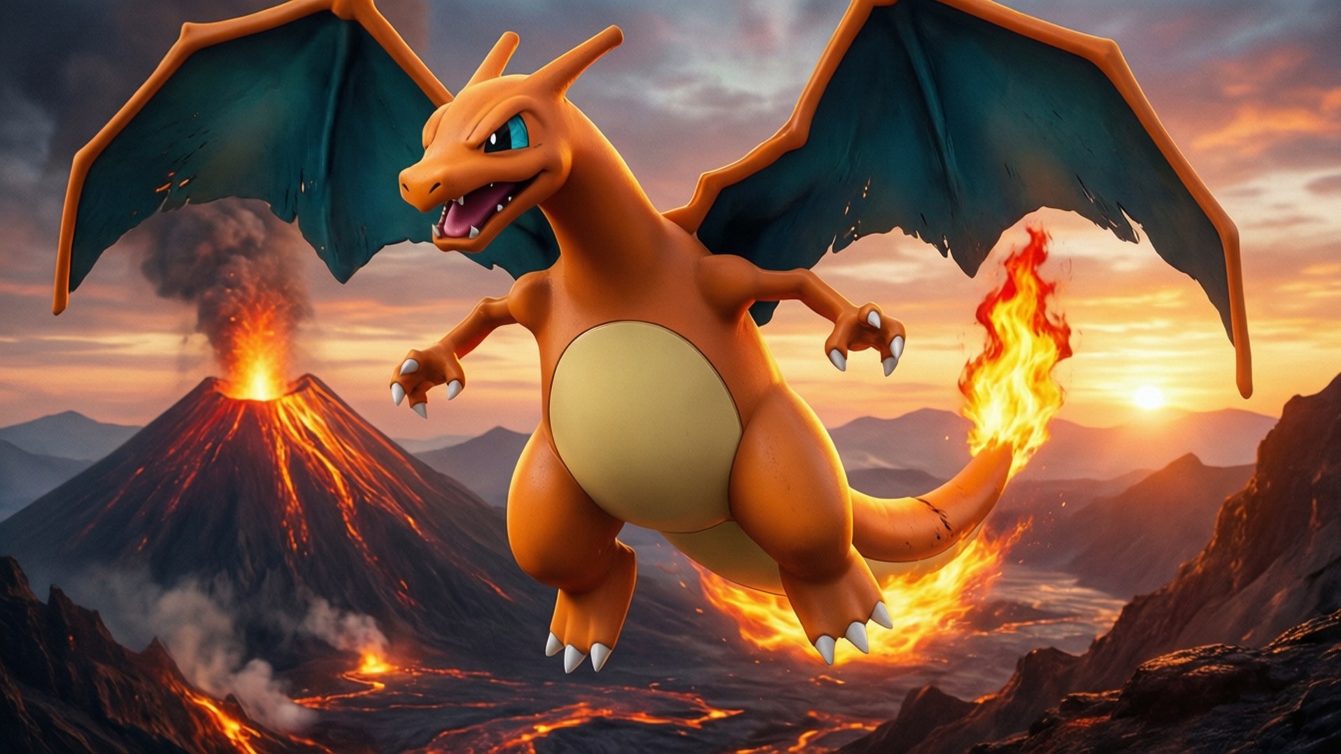 Charizard épico planando sobre um vulcão, dinâmico e ardente.