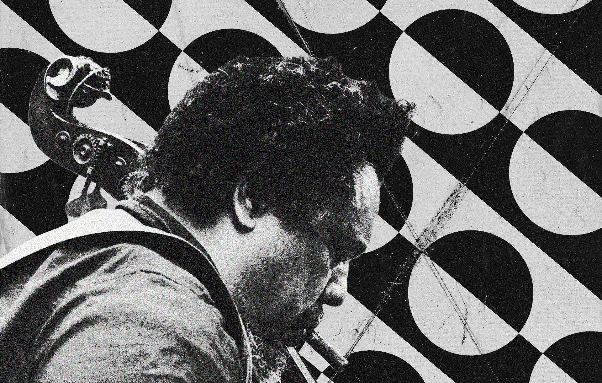 Charles Mingus på et sort-hvidt cirkulært abstrakt tapet. Wallpaper