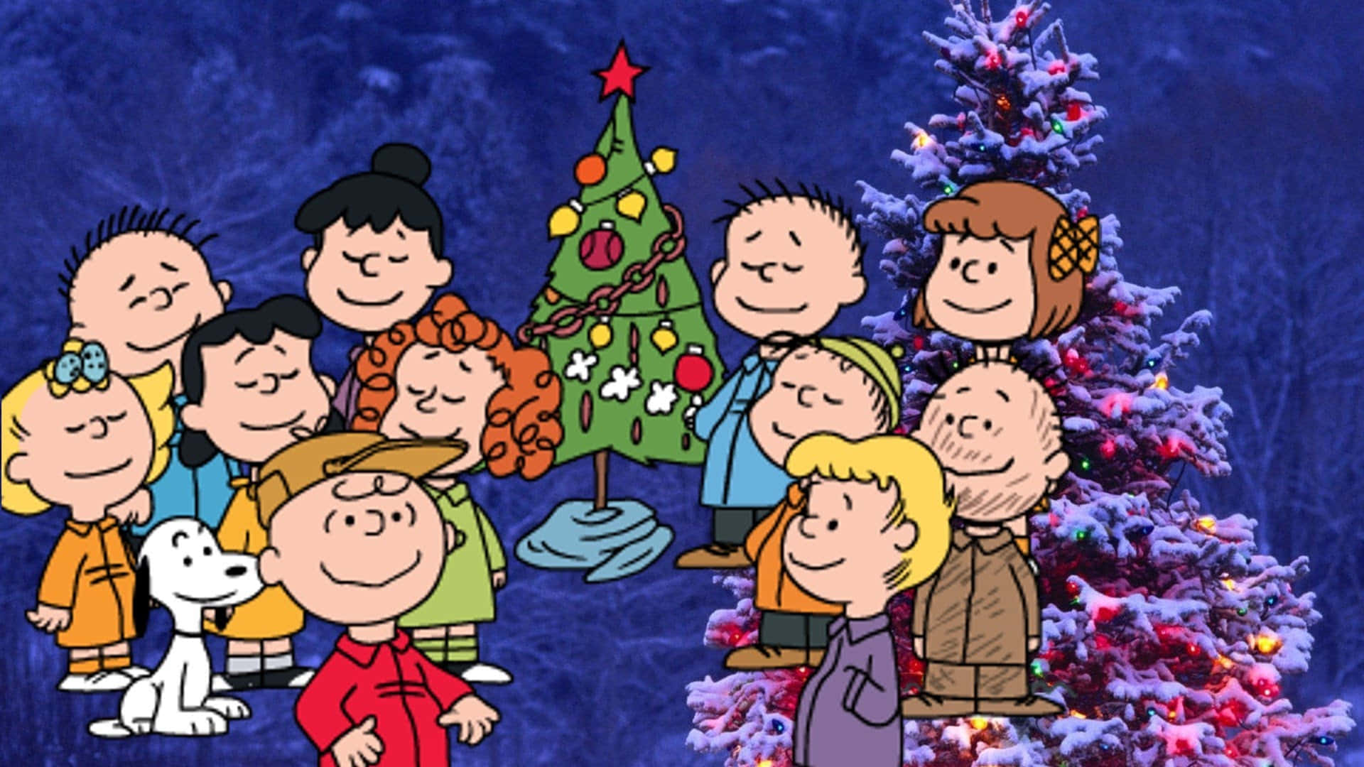 Charlie Brown and the gang enjoying a Christmas Eve complete with a tree and presents! Wallpaper