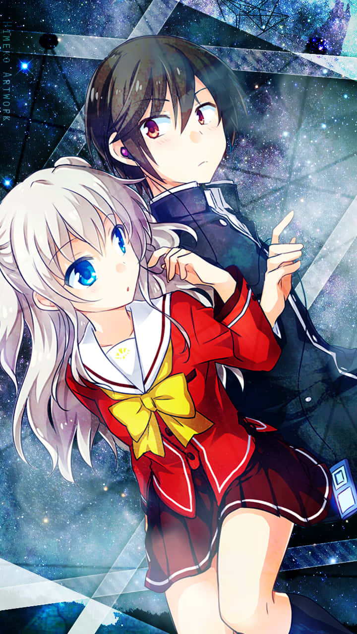 Teenagers Yuu Otosaka and Nao Tomori standing back to back under the cherry blossom tree in a scene from the popular anime 'Charlotte' Wallpaper