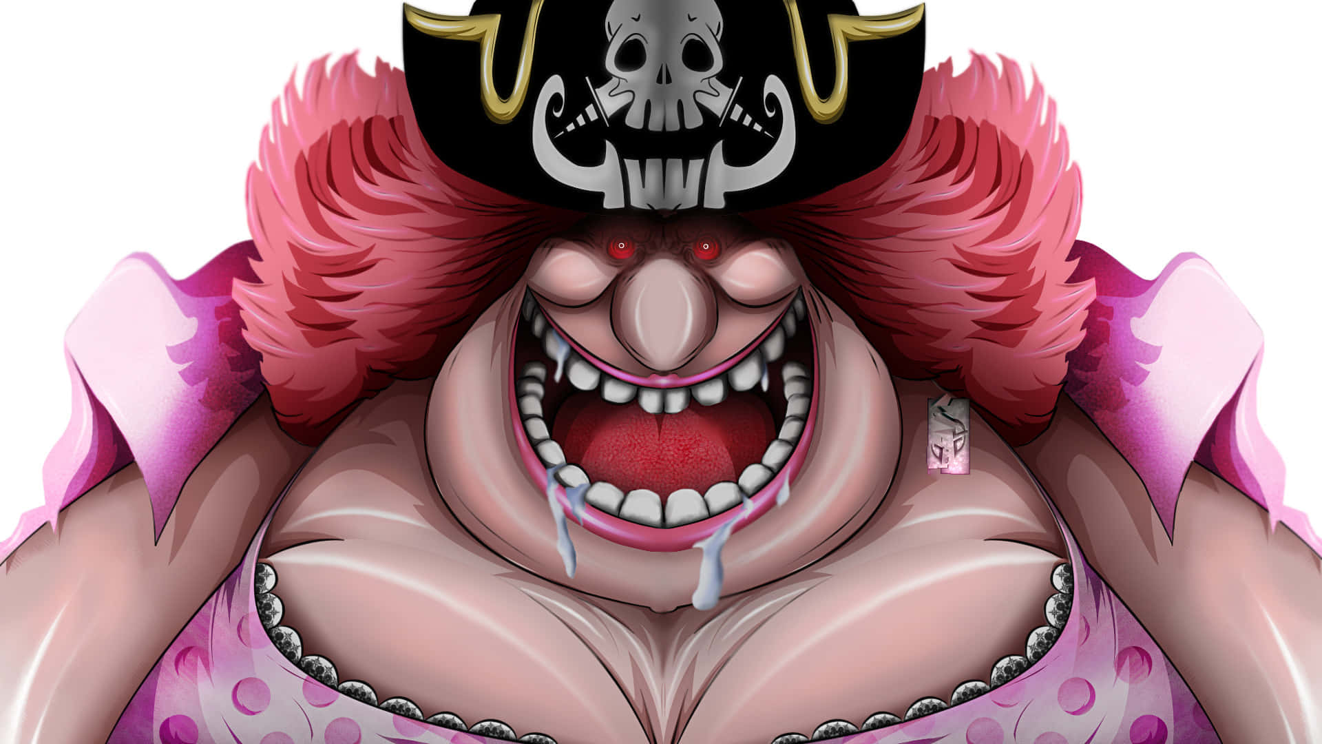 Charlotte Linlin, the fearsome pirate also known as Big Mom, stands tall and powerful in this stunning high-resolution wallpaper. Wallpaper