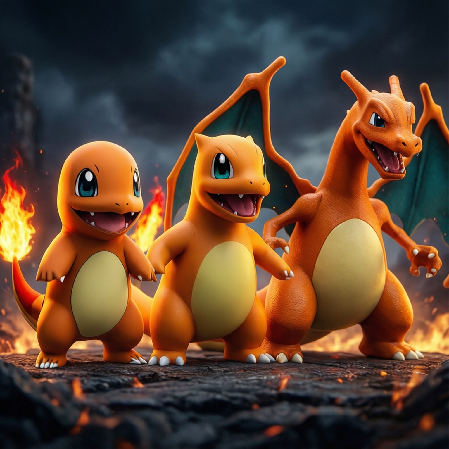 Charmander Evolution Line Papéis de Parede — A linha de evolução completa de Charmander em uma cena.