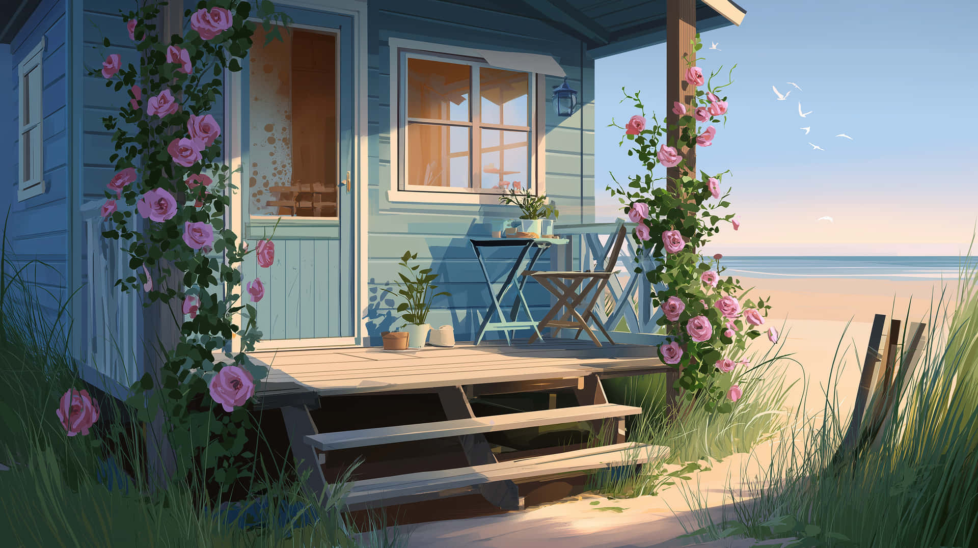 Charming Beachside Dwelling With Floral Accents And Ocean Wallpaper