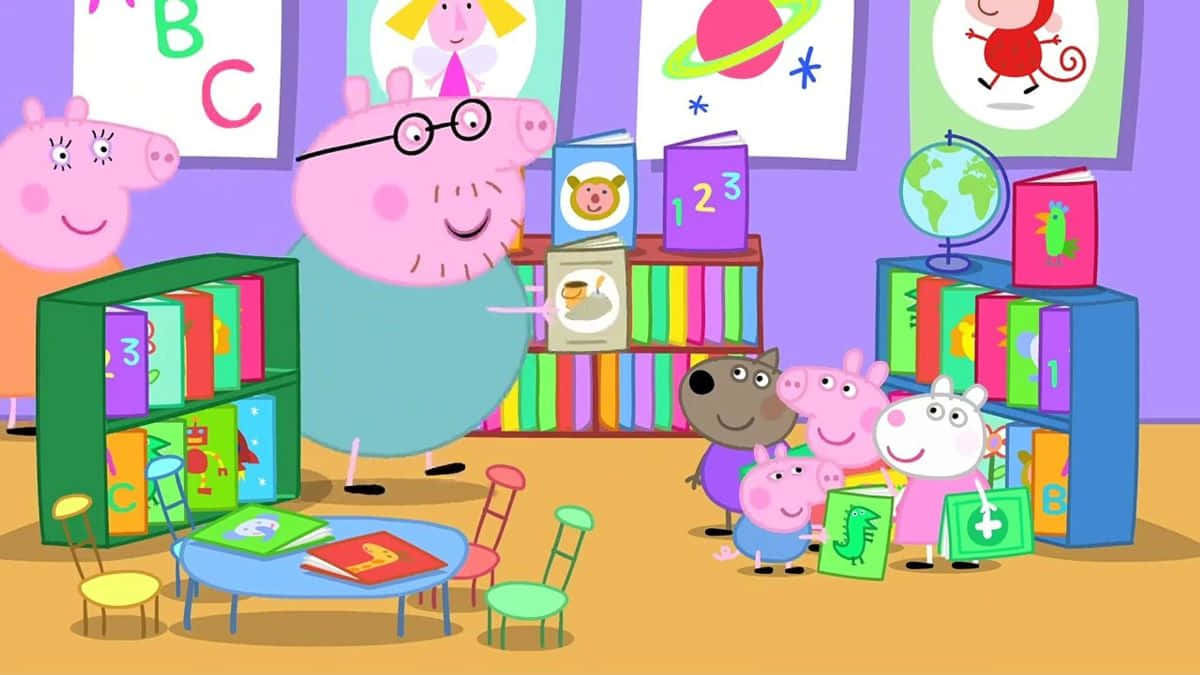 Charming Granny Pig Reading A Story To George And Peppa Pig Wallpaper