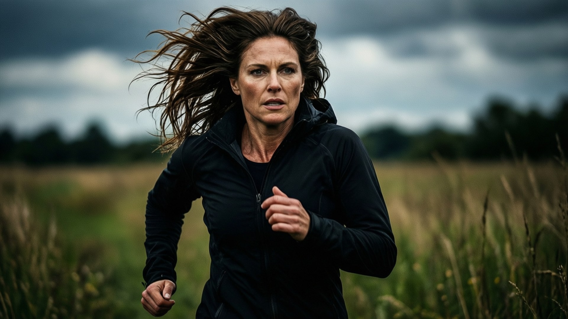 Actionbillede af Erin Krakow, der løber på en mark