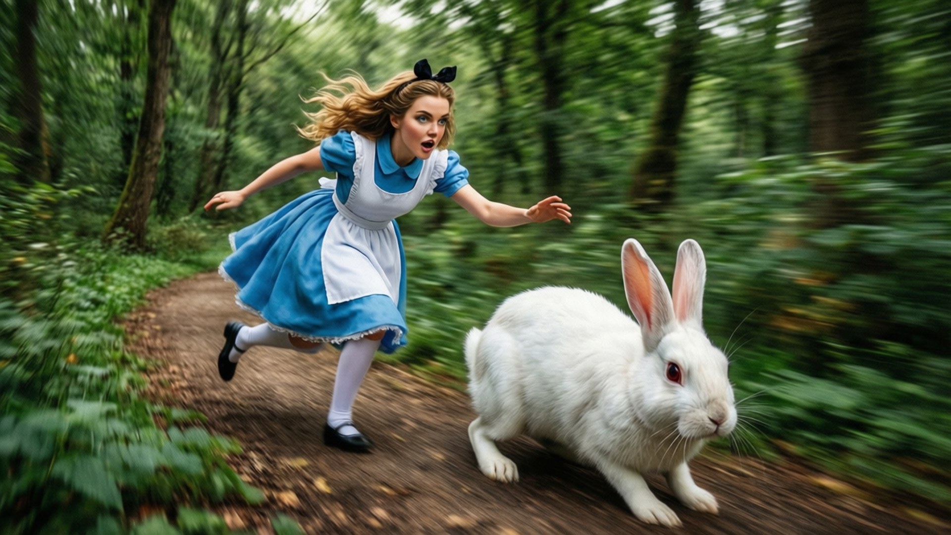 Alice løber efter den hvide kanin gennem Eventyrland.