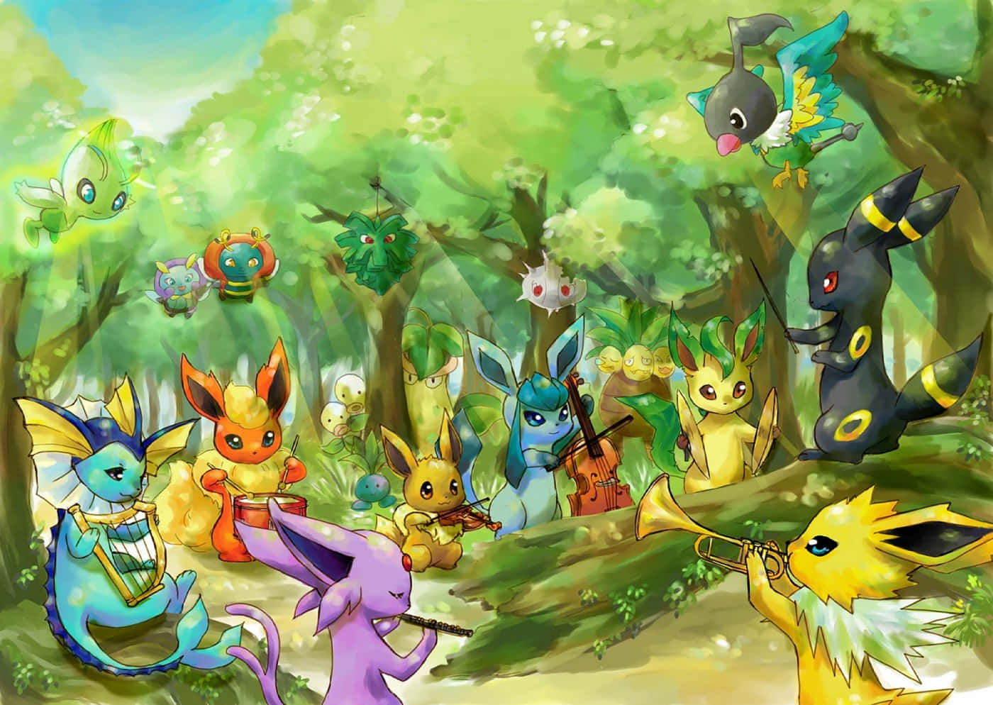 Chatot With Eevee's Evolutions In Forest Wallpaper